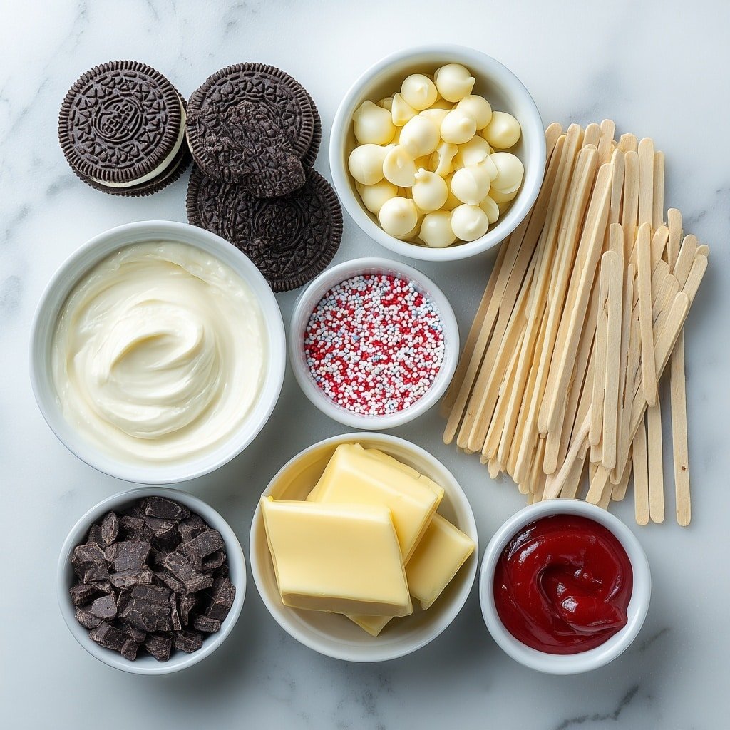 Valentine's Oreo Pops Recipe - Ingredients Image — Valentine's Oreo Pops, Valentine's Oreo Pops Recipe, Easy Valentine's Candy, Chocolate Dipped Oreo Treats, Valentine’s Day Dessert Ideas