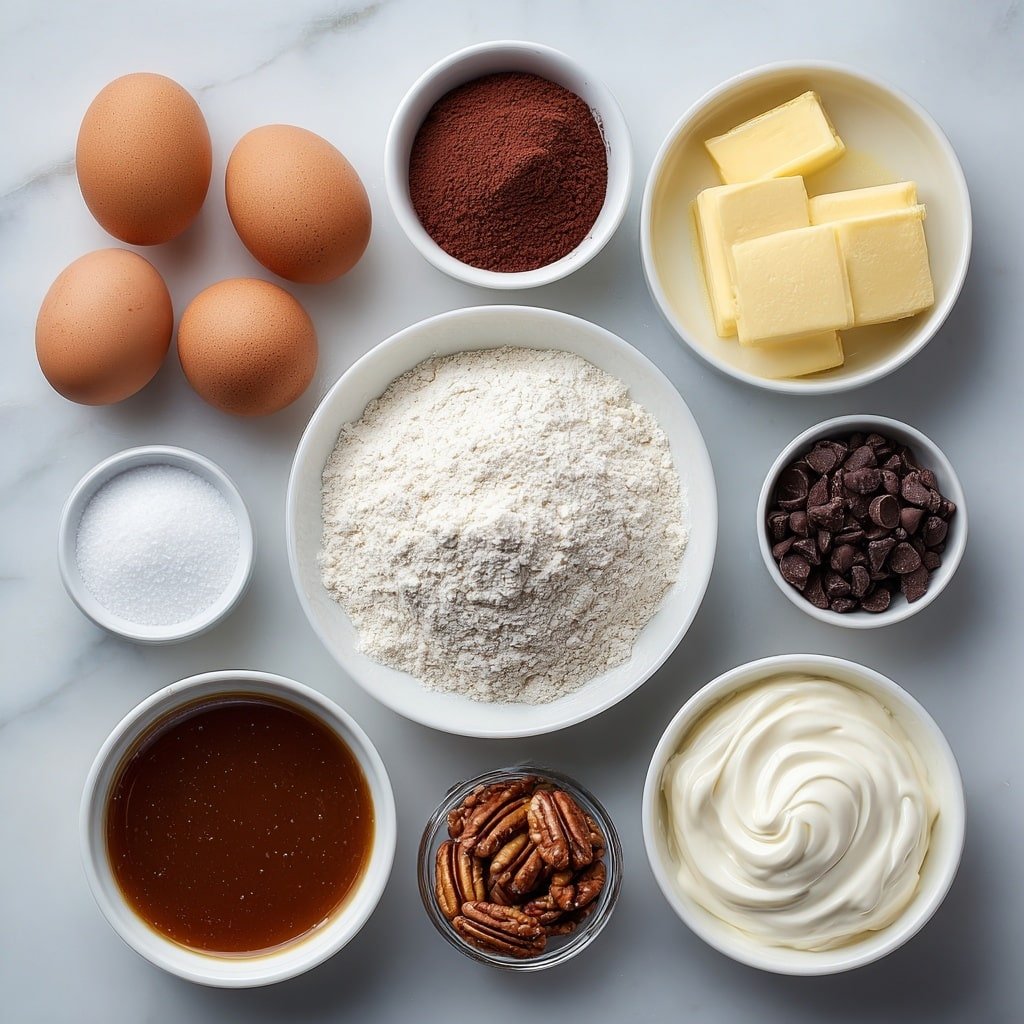 Chocolate Caramel Turtle Cake Roll Recipe - Ingredients Image — Chocolate Caramel Turtle Cake Roll, chocolate caramel cake roll, turtle cake roll recipe, caramel chocolate Swiss roll, pecan chocolate dessert