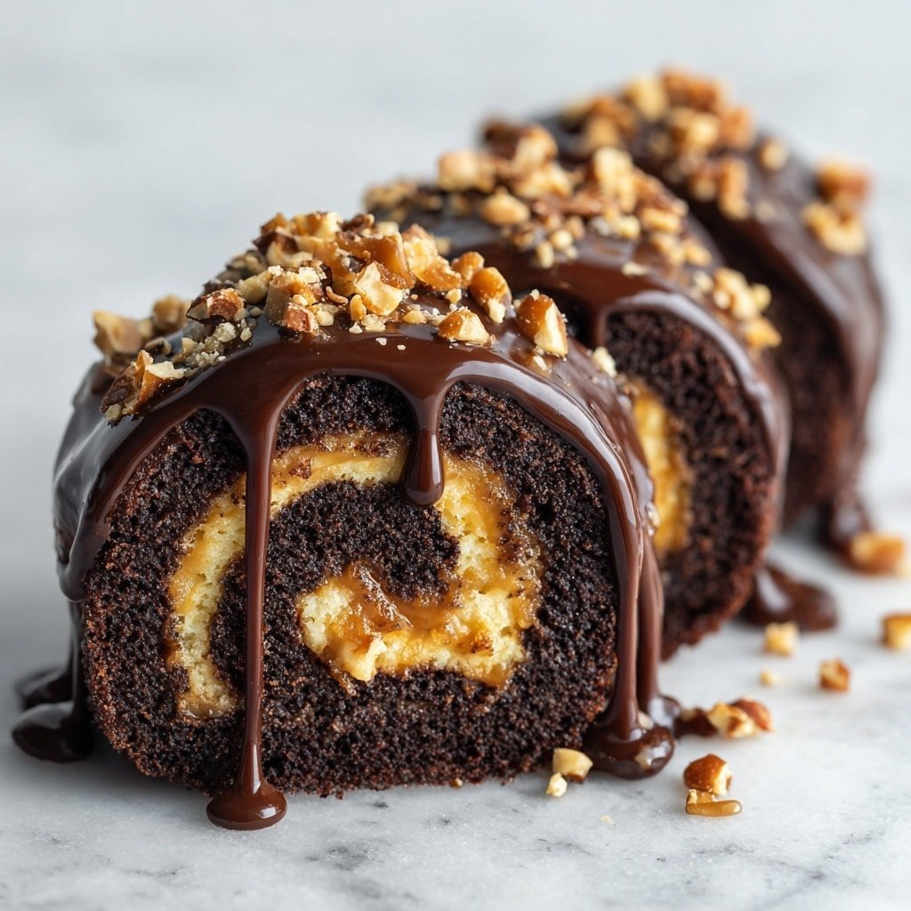 Chocolate Caramel Turtle Cake Roll Recipe - Article Image 1 — Chocolate Caramel Turtle Cake Roll, chocolate caramel cake roll, turtle cake roll recipe, caramel chocolate Swiss roll, pecan chocolate dessert
