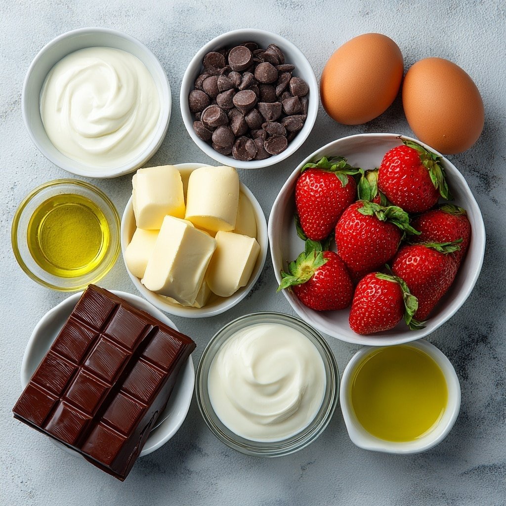 Chocolate Strawberry Brownie Bites Recipe - Ingredients Image — Chocolate Strawberry Brownie Bites, Chocolate Strawberry Bites recipe, Fudgy brownie and strawberry sweets, Easy chocolate strawberry desserts, No-bake strawberry brownies