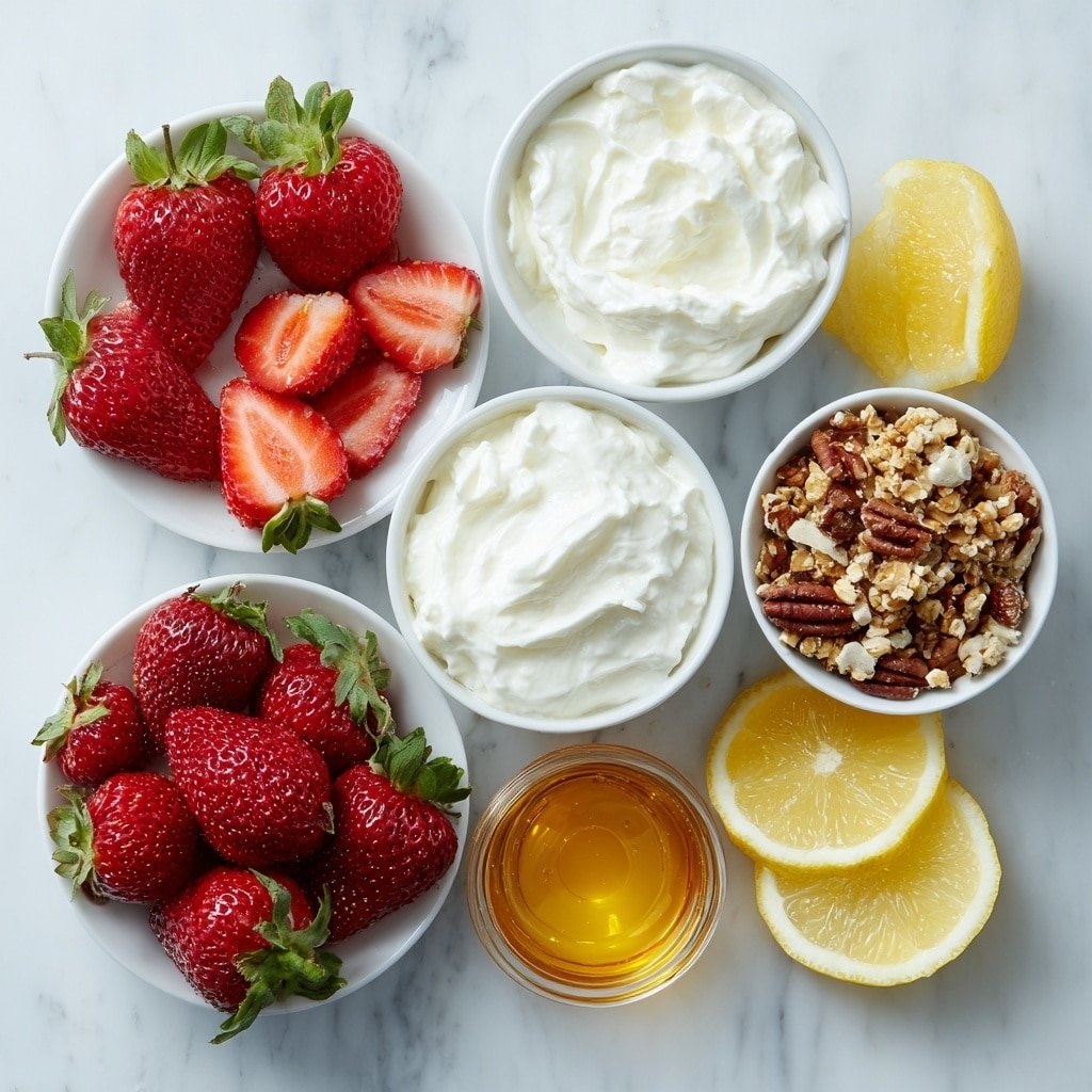 Strawberry Parfait with Yogurt and Granola Recipe - Ingredients Image — Strawberry Parfait with Yogurt and Granola, healthy strawberry parfait, easy breakfast parfait, fruit and yogurt parfait recipe, layered parfait dessert