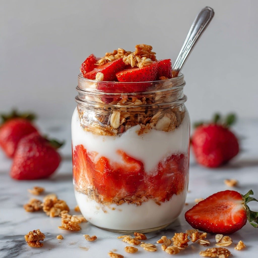 Strawberry Parfait with Yogurt and Granola Recipe - Article Image 2 — Strawberry Parfait with Yogurt and Granola, healthy strawberry parfait, easy breakfast parfait, fruit and yogurt parfait recipe, layered parfait dessert