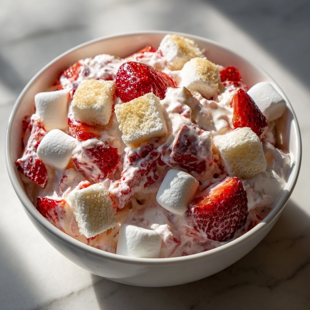 Strawberry Shortcake Fluff Salad Recipe - Article Image 1 — Strawberry Shortcake Fluff Salad, strawberry fluff salad, easy fruit salad dessert, creamy fruit salad recipe, quick strawberry dessert