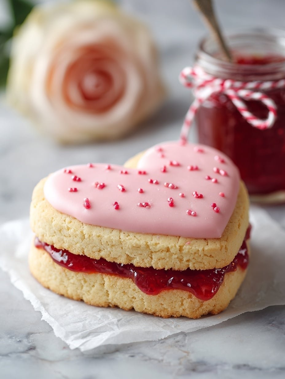 Heart-Shaped Strawberry Shortbread Cookies Recipe - Article Image 2 — Heart-Shaped Strawberry Shortbread Cookies, strawberry shortbread cookies recipe, easy Valentine treats, homemade strawberry cookies, heart-shaped cookies with jam