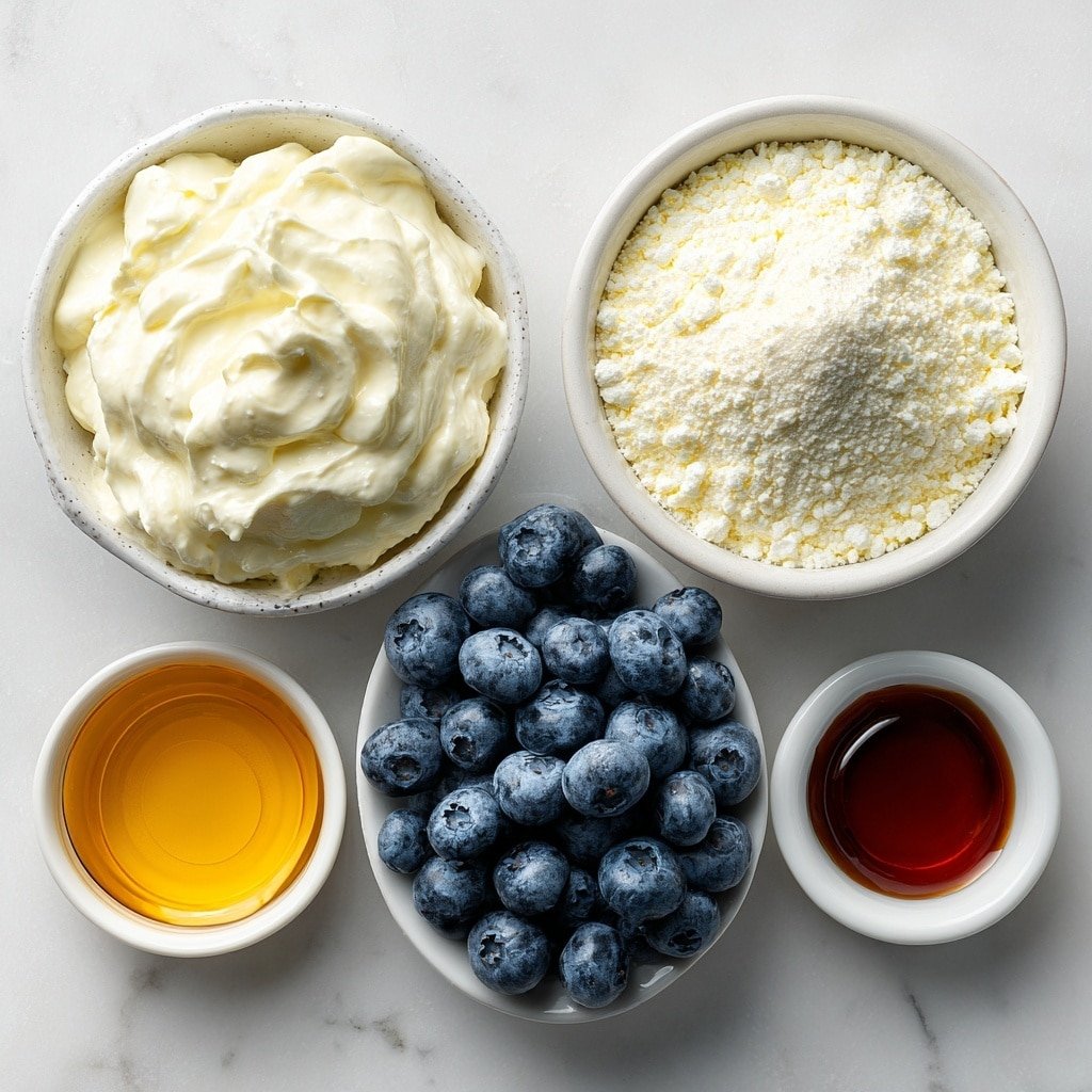 Flat lay of a small bowl of plain Greek yogurt, a handful of fresh blueberries, a small white ceramic bowl filled with fine monk fruit erythritol sweetener powder, a small white ceramic bowl with clear vanilla extract, and a tiny white ceramic bowl containing a few drops of liquid stevia, all arranged symmetrically and balanced, placed on a clean white marble surface, soft natural light, photo taken with an iPhone, professional food photography style, fresh ingredients, white ceramic bowls, no bottles, no duplicates, no utensils, no packaging --ar 1:1 --v 7 --p m7354639359234015250 — Low Carb Blueberry Frozen Yogurt, healthy frozen yogurt with blueberries, keto-friendly frozen dessert, homemade low carb yogurt, easy berry frozen yogurt
