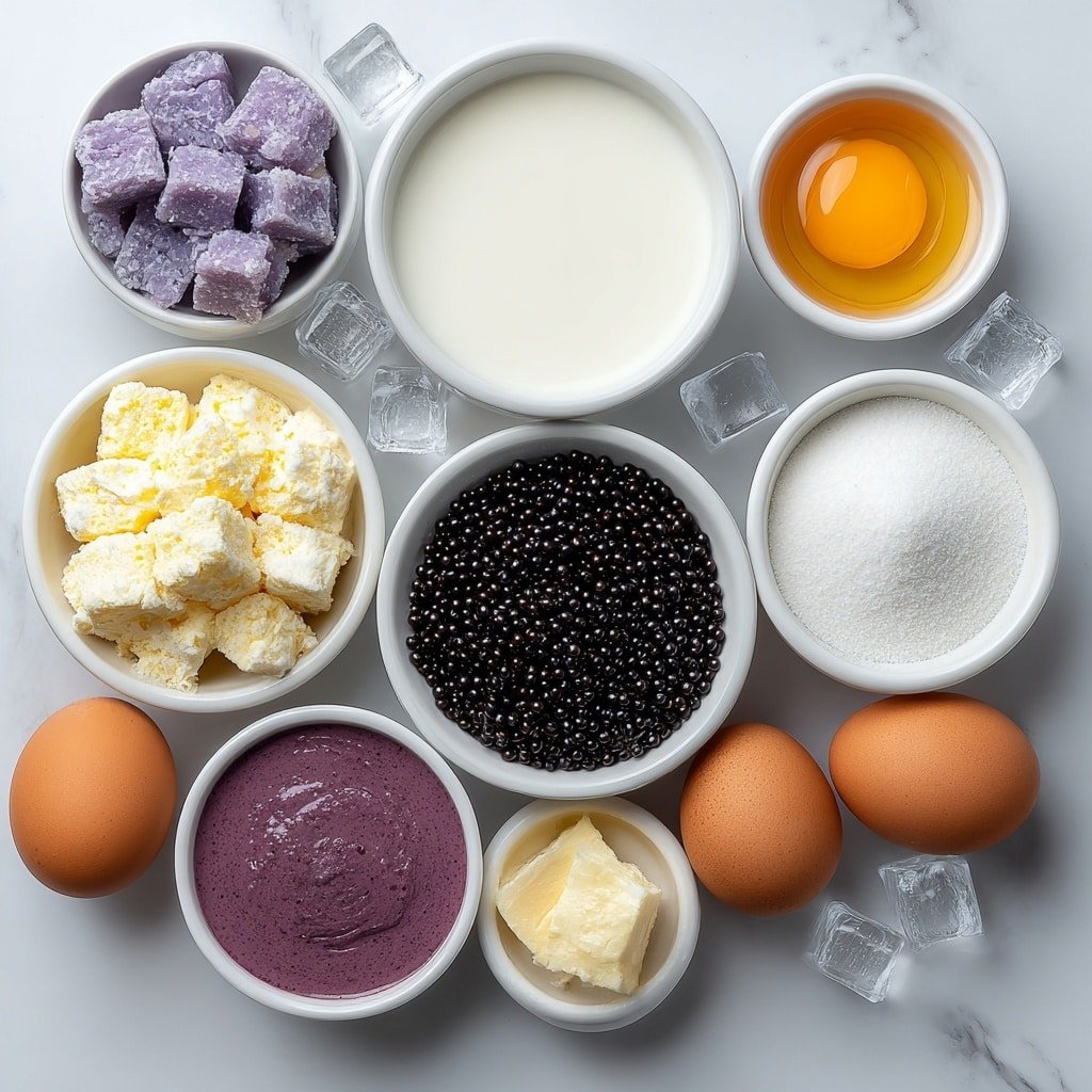 Flat lay of a small pile of thawed frozen ube cubes, a small white bowl of creamy coconut milk, a small white bowl of granulated sugar, a small white bowl of clear vanilla extract, a small white bowl of vibrant purple ube extract, a small white bowl of fresh cold milk, a small white bowl of cooked glossy black tapioca pearls, a few whole uncracked brown eggs, a small white bowl of golden honey, and several clear ice cubes scattered artistically, all arranged with perfect symmetry and balanced proportions on simple white ceramic bowls and plates, placed on a clean white marble surface, soft natural light, photo taken with an iPhone, professional food photography style, fresh ingredients, white ceramic bowls, no bottles, no duplicates, no utensils, no packaging --ar 1:1 --v 7 --p m7354639359234015250 — Ube Milk Tea with Tapioca Pearls, Ube Milk Tea recipe, How to make ube milk tea, Coconut ube milk tea, Tapioca pearl drinks