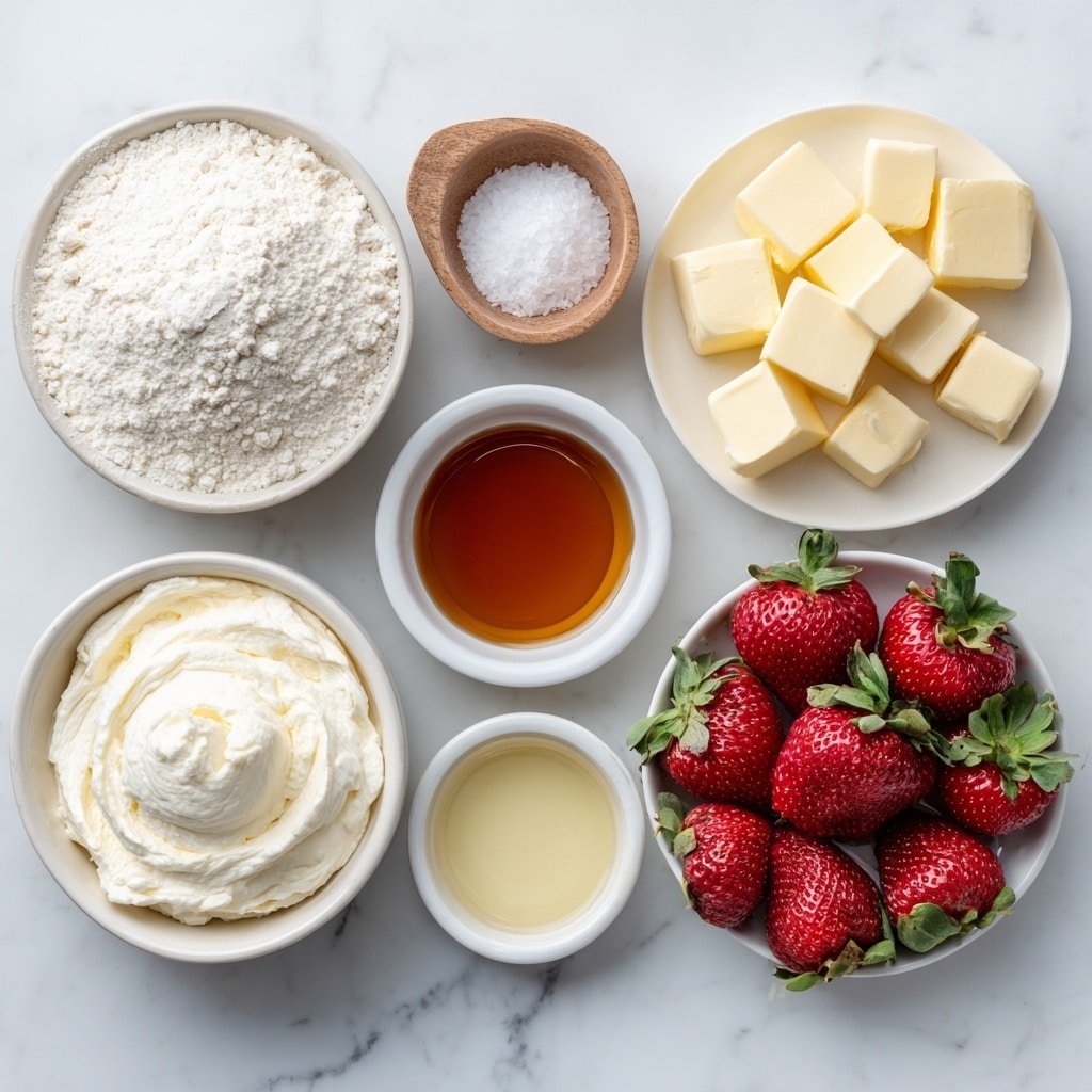 Flat lay of a small mound of all-purpose flour, a small white bowl of powdered sugar, a pinch of coarse salt on the surface, cold unsalted butter cut into cubes, a whole uncracked brown egg, a dollop of mascarpone cheese on a white ceramic plate, a small white bowl filled with heavy cream, a small white bowl of honey, a few fresh ripe red strawberries with green leaves, and a small white bowl with clear vanilla extract, all arranged in perfect symmetry on a clean white ceramic surface, placed on a clean white marble surface, soft natural light, photo taken with an iPhone, professional food photography style, fresh ingredients, white ceramic bowls, no bottles, no duplicates, no utensils, no packaging --ar 1:1 --v 7 --p m7354639359234015250 — Strawberry Mascarpone Tart, strawberry tart with mascarpone, summer berry tart recipe, easy fruit tart dessert, homemade strawberry tart