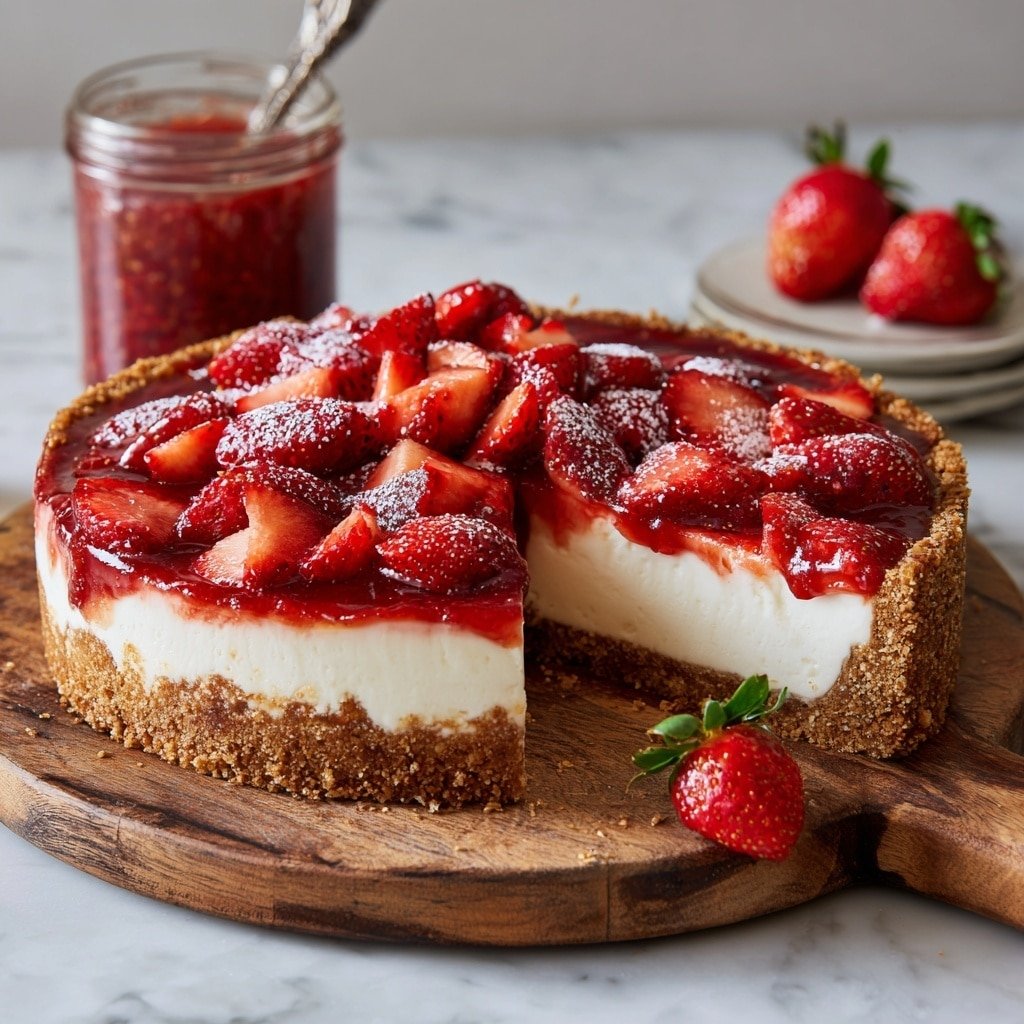The image shows a tart with three main layers on a wooden board set on a white marbled surface. The bottom layer is a light brown crunchy crust with a rough edge. The middle layer is smooth, creamy, and white. The top layer is made of fresh red strawberries, some whole and some sliced, covered in a glossy red sauce. A few powdered sugar sprinkles are on the strawberries. A slice of the tart has been taken out, showing the clean cut through the layers. There are two fresh strawberries next to the tart on the board and a jar with the same red sauce in the background. photo taken with an iphone --ar 1:1 --v 7 — Strawberry Mascarpone Tart, strawberry tart with mascarpone, summer berry tart recipe, easy fruit tart dessert, homemade strawberry tart