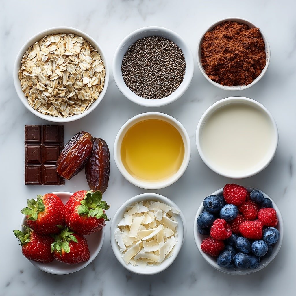Flat lay of a small pile of rolled oats, a white ceramic bowl with glossy whole chia seeds, a neat mound of rich unsweetened cocoa powder, three plump Medjool dates with glossy pits removed, a small white ceramic bowl filled with smooth almond milk, a small white bowl holding a pale golden vanilla extract liquid, a tiny pinch of coarse salt crystals on the surface, a handful of fresh mixed berries including strawberries, blueberries, and raspberries, a small white bowl with thin, white coconut flakes, and a piece of melted dark chocolate elegantly resting on a white ceramic plate, all arranged with perfect symmetry and balanced proportions, placed on a clean white marble surface, soft natural light, photo taken with an iPhone, professional food photography style, fresh ingredients, white ceramic bowls, no bottles, no duplicates, no utensils, no packaging --ar 1:1 --v 7 --p m7354639359234015250 — Brownie Batter Overnight Oats, healthy chocolate overnight oats, easy overnight oats recipe, vegan overnight oats, protein-packed breakfast