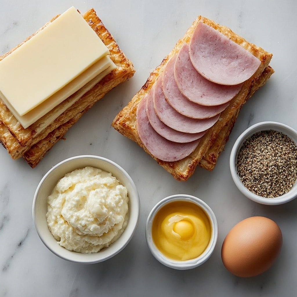 Ham and Cheese Puff Pastry Bites Recipe - Ingredients Image — Ham and Cheese Puff Pastry Bites, savory puff pastry appetizers, easy party appetizers with ham and cheese, flaky pastry snacks, quick ham cheese bites