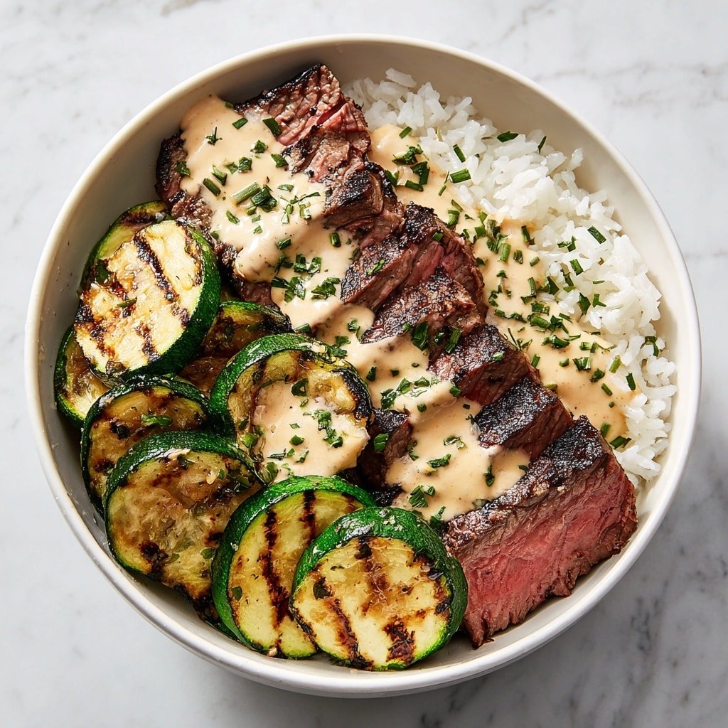 Grilled Steak Bowl with Herb Yogurt Sauce Recipe - Article Image 1 — Grilled Steak Bowl with Herb Yogurt Sauce, beef bowl recipes, easy steak dinner, healthy steak bowl, flavorful yogurt sauce