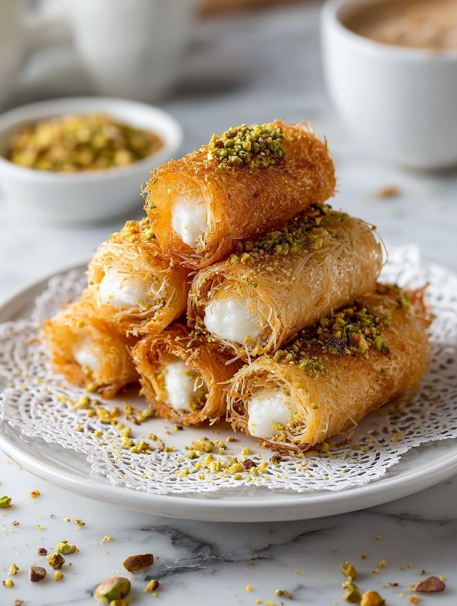 Crispy Kunafa Rolls with Pistachios Recipe - Article Image 2 — Crispy Kunafa Rolls with Pistachios, Kunafa Rolls with Pistachios, Middle Eastern Dessert Recipes, How to Make Kunafa Rolls, Pistachio-filled Kunafa