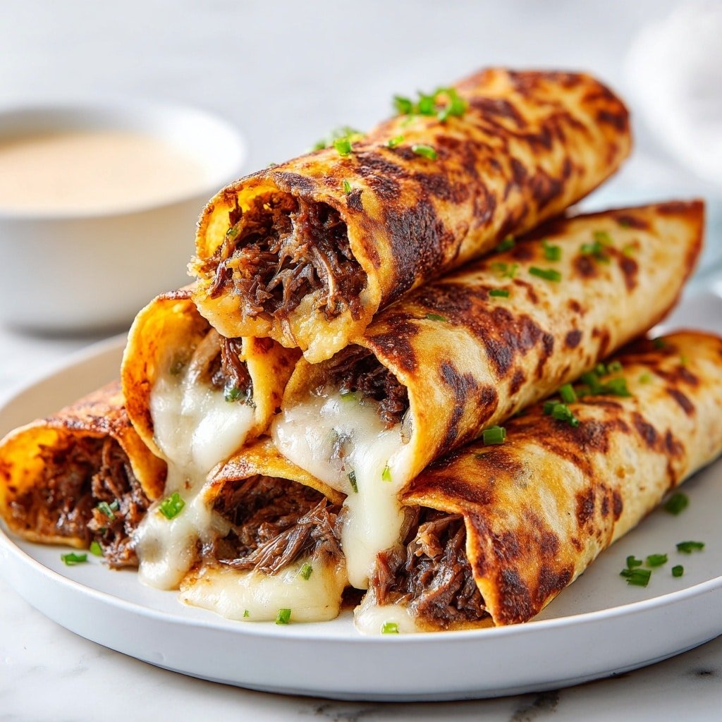 French Dip Tortilla Roll Ups Recipe - Article Image 1 — French Dip Tortilla Roll Ups, French Dip Wraps, Beef and Cheese Tortilla Roll Ups, Easy French Dip Appetizers, Crispy Tortilla Roll Ups