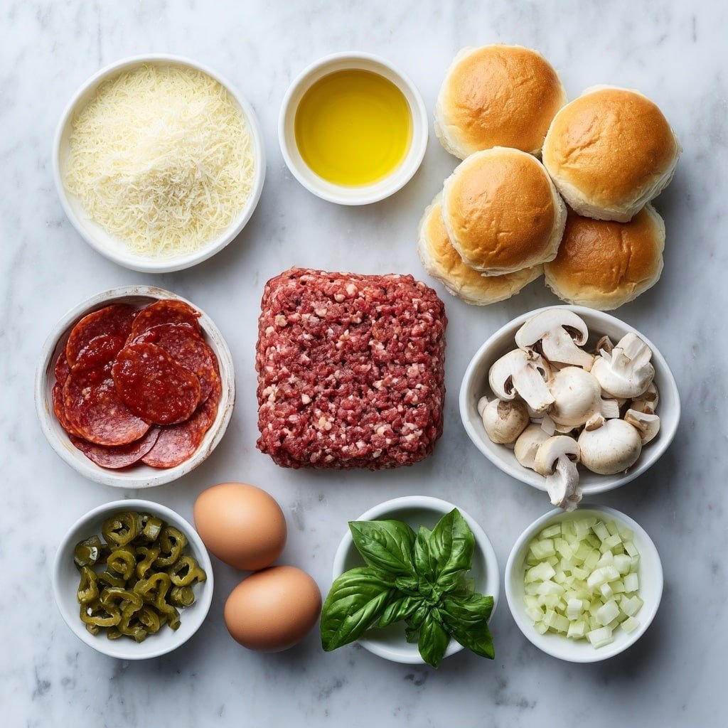 Pizza Burger Recipe - Ingredients Image — Pizza Burger, pizza burger recipe, cheesy burger with pizza flavors, homemade pizza burger, easy pizza burger ideas