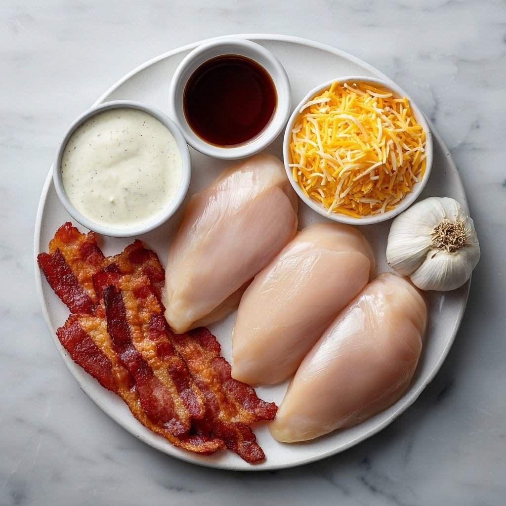 Flat lay of four raw boneless skinless chicken breasts, two peeled whole garlic cloves, six strips of crispy cooked bacon arranged neatly, a small white ceramic bowl filled with creamy ranch dressing, a small white ceramic bowl holding dark soy sauce, and a simple pile of shredded sharp cheddar cheese all evenly spaced and symmetrically arranged on a clean white ceramic plate, placed on a clean white marble surface, soft natural light, photo taken with an iPhone, professional food photography style, fresh ingredients, white ceramic bowls, no bottles, no duplicates, no utensils, no packaging --ar 1:1 --v 7 --p m7354639359234015250 — Cheddar Bacon Ranch Chicken Bake, chicken bake with cheddar and bacon, cheesy chicken bake, bacon ranch chicken casserole, easy chicken bake recipes