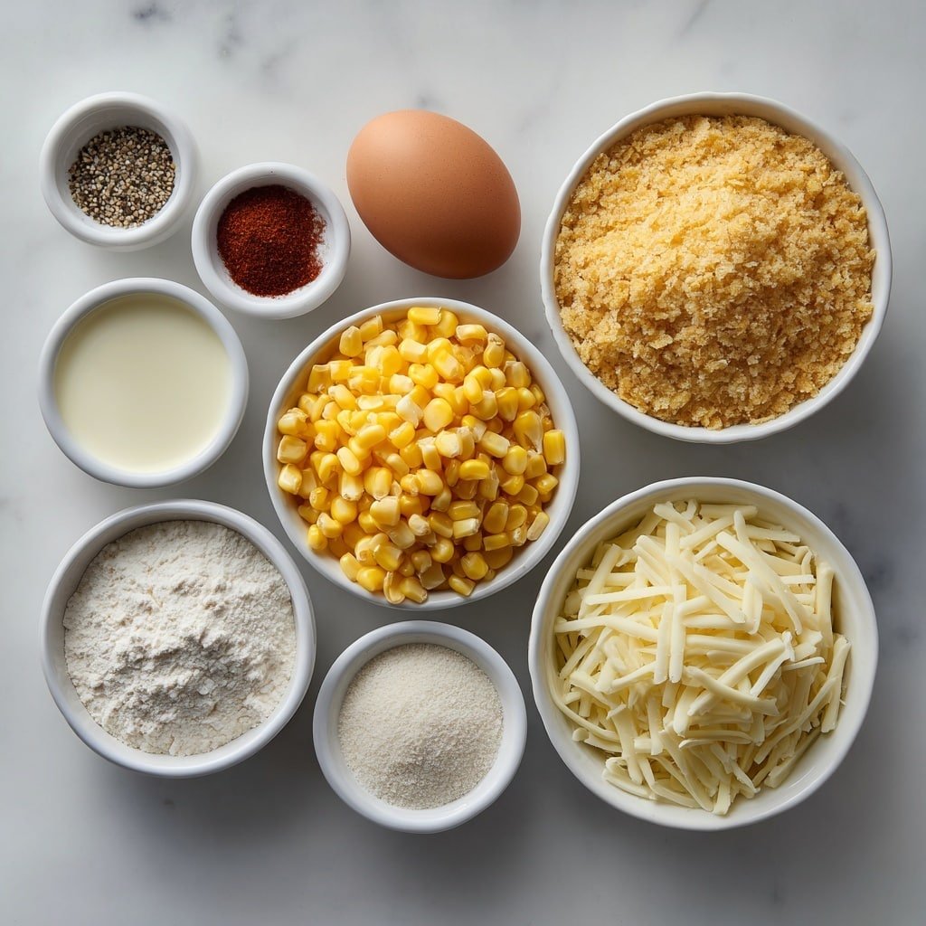 Flat lay of a small white ceramic bowl filled with bright yellow fresh corn kernels, a small white ceramic bowl heaped with shredded sharp cheddar cheese in bold orange tones, a small white ceramic bowl containing shredded white low-moisture mozzarella cheese, a small white ceramic bowl holding fine pale all-purpose flour, a single large whole uncracked brown egg, a small white ceramic bowl with golden light breadcrumbs, a small white ceramic bowl of warm red paprika powder, a small white ceramic bowl of light beige garlic powder, a small white ceramic bowl with off-white onion powder, a small white ceramic bowl with fine white salt, a small white ceramic bowl containing freshly ground black pepper specks, and a small white ceramic bowl filled with clear vegetable oil, all symmetrically arranged with balanced proportions and perfect spacing, placed on a clean white marble surface, soft natural light, photo taken with an iPhone, professional food photography style, fresh ingredients, white ceramic bowls, no bottles, no duplicates, no utensils, no packaging --ar 1:1 --v 7 --p m7354639359234015250 — Crispy Corn Cheese Bites, cheesy snack recipes, crispy appetizer ideas, baked corn cheese bites, easy finger food recipes