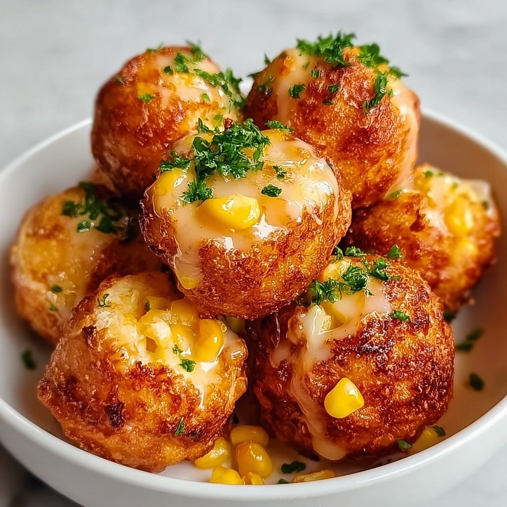 A close-up of golden brown crispy balls stacked inside a white bowl, with a crunchy outer layer and melted cheese oozing out, bright yellow corn pieces mixed in, and small green herb leaves sprinkled on top and around the balls, all placed on a white marbled surface, photo taken with an iphone --ar 1:1 --v 7 — Crispy Corn Cheese Bites, cheesy snack recipes, crispy appetizer ideas, baked corn cheese bites, easy finger food recipes