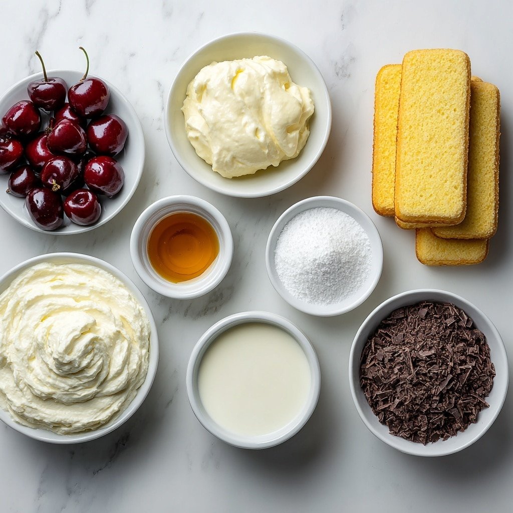 Flat lay of fresh halved cherries with pits removed, a small white bowl of amber Amaretto liqueur, a few white ladyfingers arranged neatly, a mound of smooth mascarpone cheese, a small white bowl of thick heavy cream, a small white bowl of fine powdered sugar, a small white bowl of dark brewed espresso, a small white bowl of golden granulated sugar, a whole vanilla bean pod, a flat sprinkle of fine cocoa powder, and a few shavings of glossy dark chocolate, all placed with perfect symmetry on simple white ceramic bowls and plates, placed on a clean white marble surface, soft natural light, photo taken with an iPhone, professional food photography style, fresh ingredients, white ceramic bowls, no bottles, no duplicates, no utensils, no packaging --ar 1:1 --v 7 --p m7354639359234015250 — Cherry Amaretto Tiramisu, cherry amaretto dessert, Italian tiramisu with cherries, easy cherry tiramisu recipe, layered cherry tiramisu