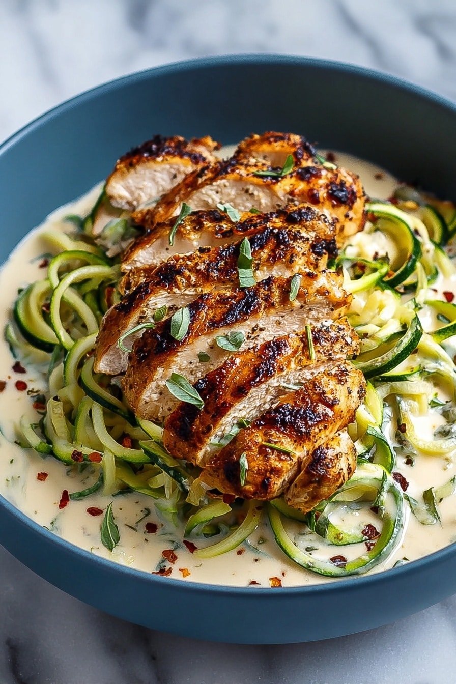 Chicken Alfredo Zucchini Noodles Recipe - Article Image 2 — Chicken Alfredo Zucchini Noodles, healthy zucchini noodles with chicken, creamy Alfredo zucchini pasta, light chicken Alfredo recipe, easy zucchini noodle dishes
