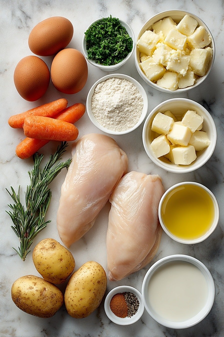 Flat lay of fresh boneless skinless chicken breasts, whole uncracked brown eggs, peeled cubed Yukon gold potatoes, bright orange baby carrots, small white ceramic bowls containing golden olive oil, creamy heavy cream, melted butter, golden brown grated Parmesan cheese, minced fresh garlic cloves, small white bowl of light chicken broth, fresh green chopped parsley, small white bowls with ground black pepper, garlic powder, dried rosemary, dried thyme, Dijon mustard in a small white ceramic bowl, small white ceramic bowl of brown sugar, pinch of cinnamon in a small white bowl, and a small white bowl of milk placed with perfect symmetry on a clean white marble surface, soft natural light, photo taken with an iPhone, professional food photography style, fresh ingredients, white ceramic bowls, no bottles, no duplicates, no utensils, no packaging --ar 2:3 --v 7 --p m7354639359234015250 — Creamy Herb Chicken with Mashed Potatoes, Creamy Herb Chicken recipe, Comforting chicken dinner, Easy herb chicken recipe, Fluffy mashed potatoes recipe