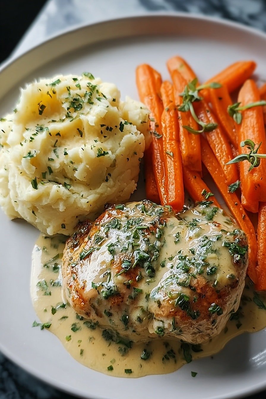 This image shows a white bowl with a meal of three parts. The bottom layer is creamy mashed potatoes, smooth in texture and pale yellow in color, filling the base of the bowl. On top of the mashed potatoes, there is a large piece of grilled meat with a golden-brown crispy surface, covered in a rich, light brown herb sauce with small green herb pieces. To the left side of the meat, there are several whole glazed carrots with a vibrant orange color, sprinkled with herbs. Behind the carrots and meat, there is a small bunch of fresh green parsley for garnish. The bowl is placed on a white marbled surface, and the photo is taken with an iphone --ar 2:3 --v 7 — Creamy Herb Chicken with Mashed Potatoes, Creamy Herb Chicken recipe, Comforting chicken dinner, Easy herb chicken recipe, Fluffy mashed potatoes recipe