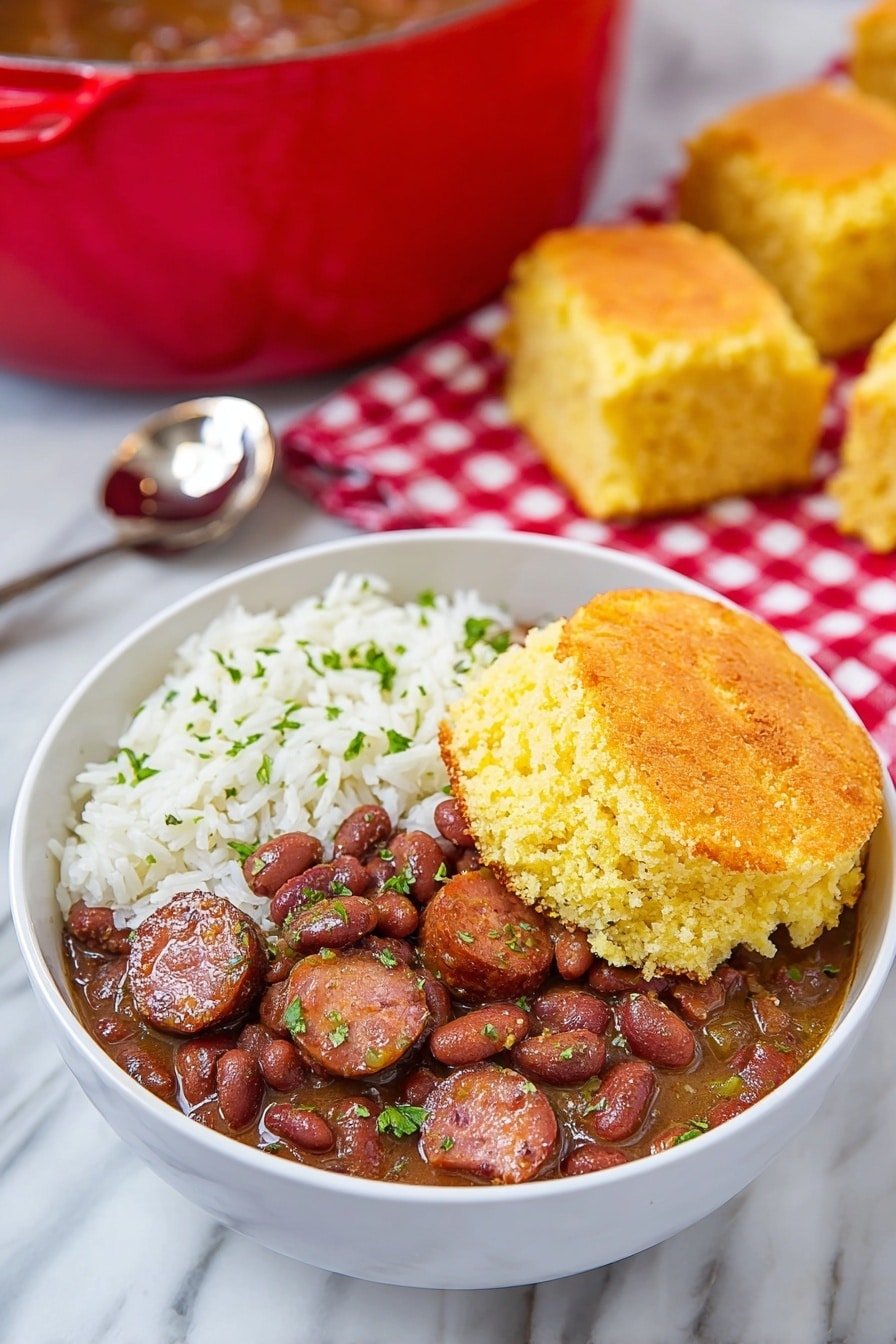 A white bowl on a white marbled surface holds three main layers: on the left, a pile of fluffy white rice with a soft texture; on the right, a rich, dark brown stew made with red beans, sliced sausage, and small green herbs sprinkled on top; and sitting on the edge of the stew, a round, thick piece of cornbread with a golden-brown, slightly crispy top and a bright yellow inside. In the background, a line of similar cornbread pieces rests on a red and white checkered cloth, and a red pot with more stew is partly visible. A silver spoon lies next to the bowl. photo taken with an iphone --ar 2:3 --v 7 — Red Beans and Rice with Andouille Sausage, hearty Southern dishes, comforting Cajun recipes, easy Cajun rice and beans, soulful sausage and bean dinner
