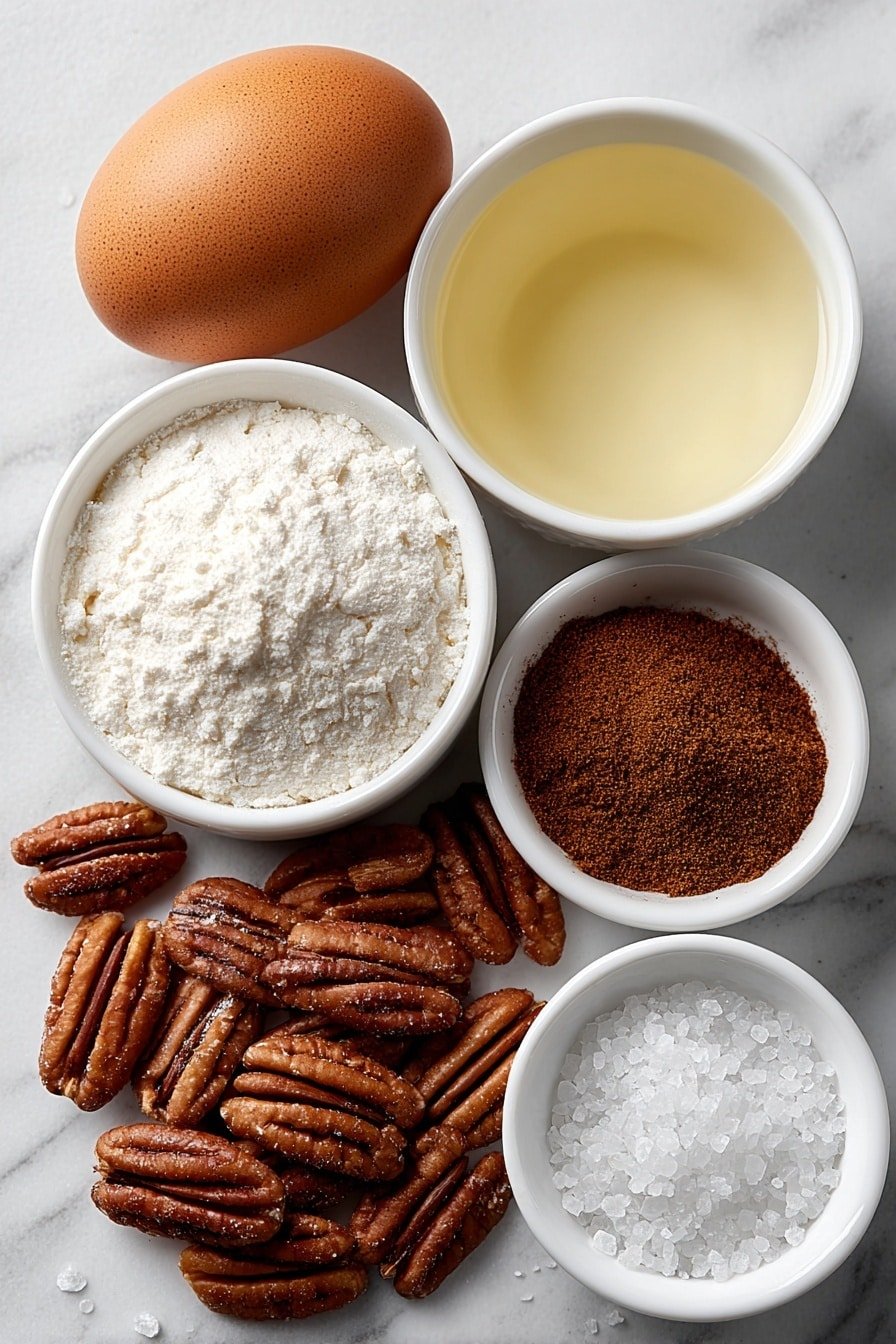 Flat lay of a small pile of fresh pecan halves, one large whole uncracked brown egg, a small white ceramic bowl with clear water, a small white ceramic bowl filled with fine white granulated sugar, a small white ceramic bowl containing reddish-brown ground cinnamon powder, and a small white ceramic bowl holding fine white salt crystals, all arranged symmetrically with perfect balance, placed on a clean white marble surface, soft natural light, photo taken with an iPhone, professional food photography style, fresh ingredients, white ceramic bowls, no bottles, no duplicates, no utensils, no packaging --ar 2:3 --v 7 --p m7354639359234015250 — Homemade Buc-ee’s Candied Pecans, Candied pecans recipe, easy cinnamon pecans, homemade caramelized pecans, crunchy sweet nut snack