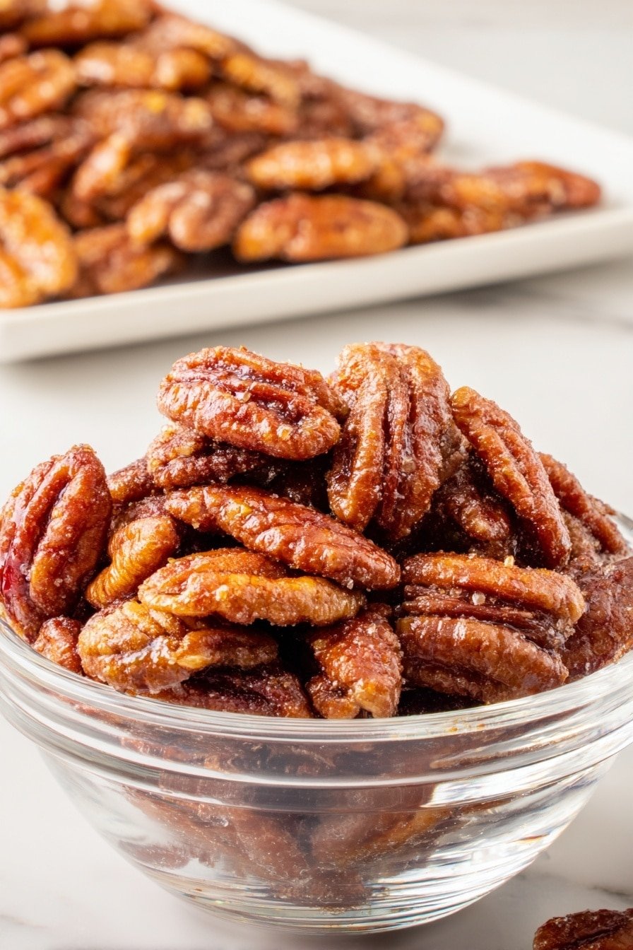 A clear glass bowl filled with a pile of glazed pecans that have a shiny, sticky texture and a rich brown color, showing their curved and split shapes stacked randomly. In the background, more glazed pecans spread over a white plate sit on a white marbled surface, adding depth to the image. The focus highlights the glossy texture and details of the pecans in the bowl, making them look fresh and crunchy. Photo taken with an iphone --ar 2:3 --v 7 — Homemade Buc-ee’s Candied Pecans, Candied pecans recipe, easy cinnamon pecans, homemade caramelized pecans, crunchy sweet nut snack