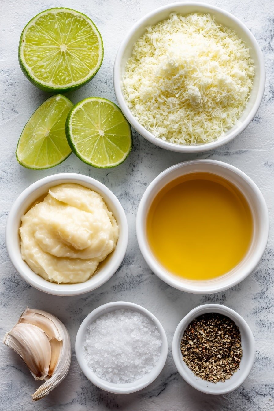 Flat lay of a small white bowl of fresh lime juice alongside a few lime wedges and a small pile of finely grated lime zest, a small white bowl filled with golden extra-virgin olive oil, a small white bowl containing smooth clover honey, a small white bowl of creamy Dijon mustard, a single whole garlic clove, a small white bowl of coarse sea salt, and a small white bowl of freshly ground black pepper, all arranged symmetrically and balanced, placed on a clean white marble surface, soft natural light, photo taken with an iPhone, professional food photography style, fresh ingredients, white ceramic bowls, no bottles, no duplicates, no utensils, no packaging --ar 2:3 --v 7 --p m7354639359234015250 — Easy Honey Lime Salad Dressing, Honey Lime Salad Dressing, homemade salad dressing, quick healthy salad dressing, citrus honey vinaigrette