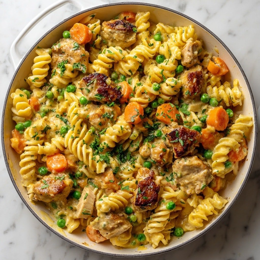 Creamy Chicken Pot Pie Pasta Recipe - Article Image 1 — Creamy Chicken Pot Pie Pasta, quick comfort pasta recipes, hearty chicken pasta dish, easy creamy pasta dinner, family-friendly pasta recipes