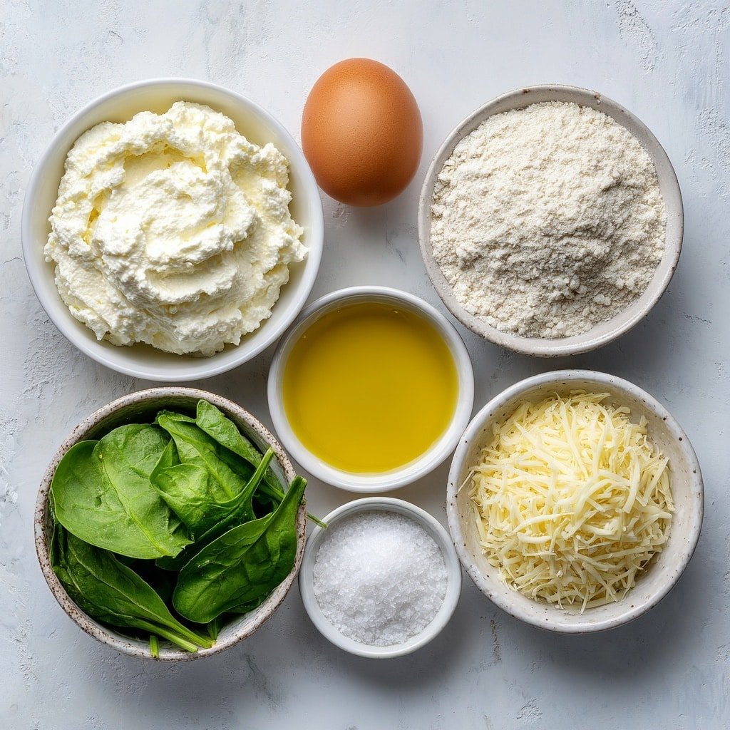 Flat lay of a small bowl of creamy full-fat cottage cheese, a few tablespoons of golden olive oil in a small white ceramic bowl, one large whole brown egg with a clean shell, a small white ceramic bowl of fine all-purpose flour, a small white ceramic bowl with white baking powder powder, a small white ceramic bowl of coarse sea salt crystals, a small pile of fresh bright green baby spinach leaves, and a small mound of shredded white mozzarella cheese arranged with perfect symmetry on a clean white marble surface, soft natural light, photo taken with an iPhone, professional food photography style, fresh ingredients, white ceramic bowls, no bottles, no duplicates, no utensils, no packaging --ar 1:1 --v 7 --p m7354639359234015250 — Spinach Cottage Cheese Flagels, spinach cottage cheese bread, savory flagels with spinach and cottage cheese, homemade spinach cheese flagels, quick healthy bread recipes