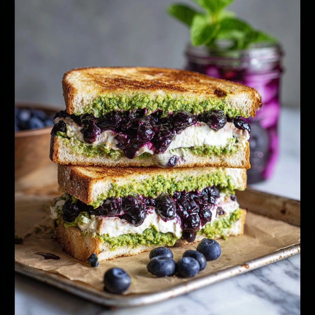 A close-up of a sandwich stacked in two layers, each layer showing three visible parts: the toasted bread with a golden brown crust on top and bottom, a thick green spread layer with a leafy texture in the middle, and a creamy off-white layer topped with dark purple, chunky blueberry jam. The sandwich sits on light brown parchment paper placed on a worn baking sheet with a few loose blueberries and a small bunch of fresh green mint leaves nearby, all set on a white marbled surface. Photo taken with an iphone --ar 1:1 --v 7 — Vegan Blueberry Grilled Cheese with Mint Pesto, vegan blueberry grilled cheese, mint pesto grilled cheese, vegan grilled cheese recipes, fruity vegan sandwich