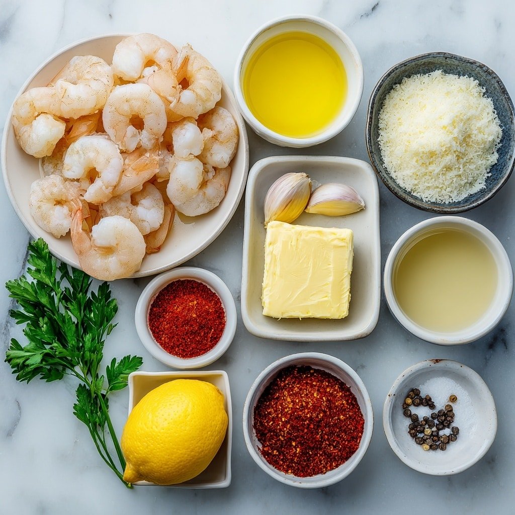 Flat lay of large raw shrimp with shells removed and tails intact, a small white bowl of golden olive oil, a small white bowl with a pat of creamy butter, four whole garlic cloves unpeeled, a small white bowl filled with bright red paprika powder, a small white bowl with red chili flakes, a small white bowl of thick heavy cream, a small white bowl of clear chicken broth, a small white bowl of finely grated pale Parmesan cheese, a small white bowl of all-purpose flour, a fresh lemon quarter, fresh green parsley sprigs, a white ceramic bowl with fluffy cooked jasmine rice all arranged in perfect symmetry, placed on a clean white marble surface, soft natural light, photo taken with an iPhone, professional food photography style, fresh ingredients, white ceramic bowls, no bottles, no duplicates, no utensils, no packaging --ar 1:1 --v 7 --p m7354639359234015250 — Creamy Garlic Shrimp, Shrimp with Creamy Garlic Sauce, Garlic Shrimp Recipe, Easy Shrimp Dinner, Delicious Seafood Recipes