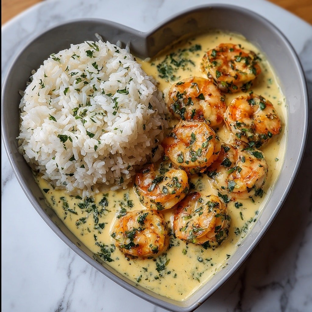 A white heart-shaped bowl holds two main parts: on the left is a neat mound of white rice with visible grains, topped with small green herb pieces. On the right, there are about a dozen grilled shrimp, light orange with brown grill marks, sitting in a creamy yellow sauce that has fresh green herbs sprinkled throughout. The shrimp are arranged closely, some partly covered by the sauce, which pools around the rice in the bowl. The bowl rests on a wooden surface with a white marbled texture background. photo taken with an iphone --ar 1:1 --v 7 — Creamy Garlic Shrimp, Shrimp with Creamy Garlic Sauce, Garlic Shrimp Recipe, Easy Shrimp Dinner, Delicious Seafood Recipes