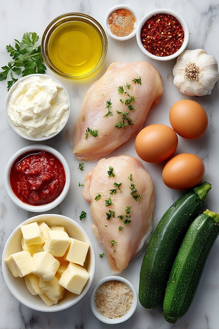 Flat lay of two whole boneless skinless chicken breasts, a small white bowl of olive oil, a small white bowl with garlic powder, a small white bowl with onion powder, a small white bowl with paprika, a few whole garlic cloves, a small white bowl of red pepper flakes, four fresh medium zucchinis whole and uncut, a small white bowl of unsalted butter chunks, a small white bowl of heavy cream, a small white bowl of grated Parmesan cheese, a small white bowl of ground nutmeg, a small bunch of fresh chopped parsley, a few whole brown eggs placed symmetrically around the ingredients, placed on a clean white marble surface, soft natural light, photo taken with an iPhone, professional food photography style, fresh ingredients, white ceramic bowls, no bottles, no duplicates, no utensils, no packaging --ar 2:3 --v 7 --p m7354639359234015250 — Chicken Alfredo Zucchini Noodles, healthy zucchini noodles with chicken, creamy Alfredo zucchini pasta, light chicken Alfredo recipe, easy zucchini noodle dishes