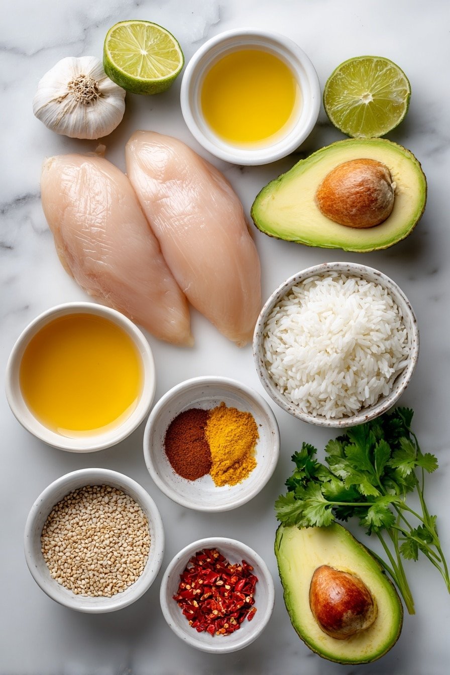 Flat lay of boneless, skinless chicken breasts with fresh garlic cloves, a bright whole lime cut in half beside fresh lime zest, a small white ceramic bowl filled with golden honey, a small white bowl of amber olive oil, a small heap of ground cumin powder, a small heap of smoked paprika powder, pristine white cooked jasmine rice in a simple white bowl, a perfectly ripe avocado cut in half showing the green creamy flesh and pit, a small white bowl with extra lime juice, fresh bright green cilantro sprigs, a small white bowl of toasted sesame seeds, and a small white bowl containing red chili flakes, all arranged symmetrically and balanced on a clean white marble surface, soft natural light, photo taken with an iPhone, professional food photography style, fresh ingredients, white ceramic bowls, no bottles, no duplicates, no utensils, no packaging --ar 2:3 --v 7 --p m7354639359234015250 — Honey Lime Chicken with Avocado Rice, honey lime chicken, avocado rice recipe, citrus chicken and avocado dish, easy chicken avocado dinner
