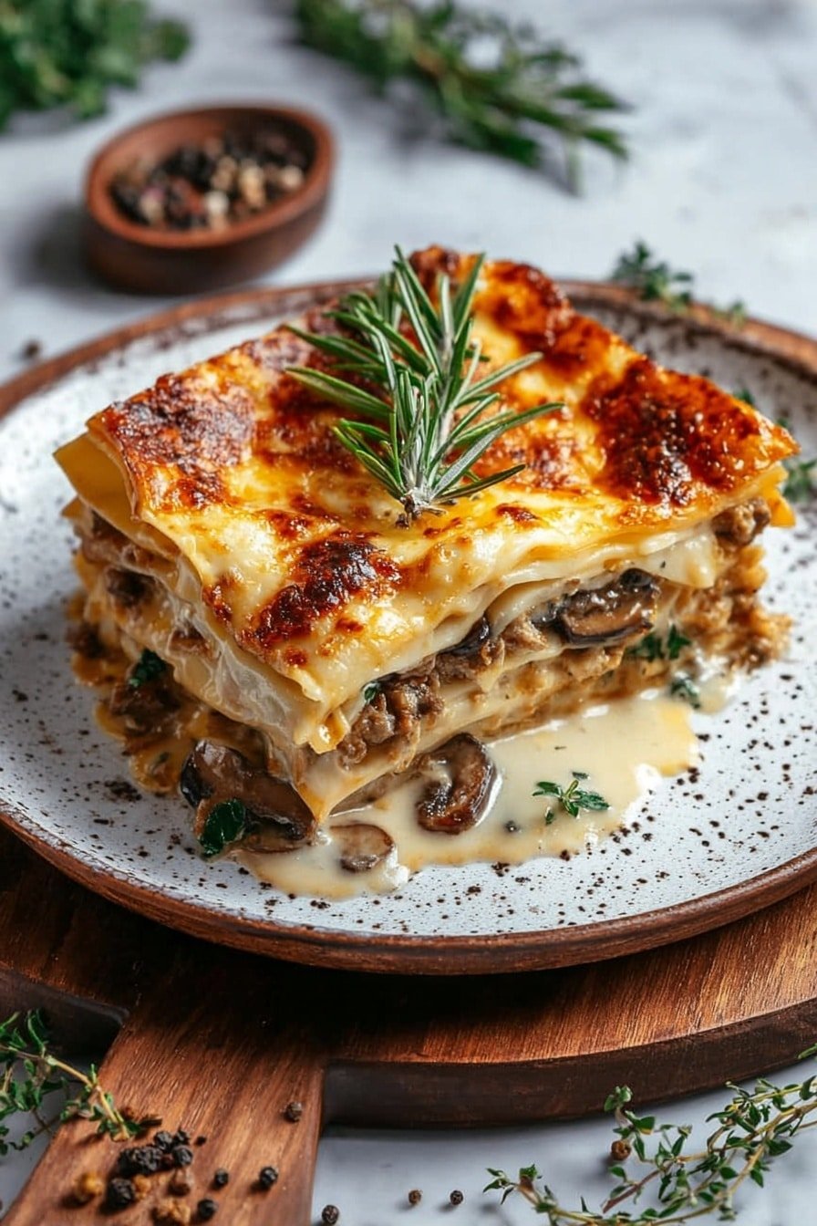 A close-up view of a piece of lasagna on a white plate with a brown rim, resting on a white marbled surface. The lasagna has multiple layers including creamy white sauce mixed with pieces of light brown mushrooms and green spinach, separated by yellow pasta sheets with ruffled edges. The top layer is golden brown melted cheese with browned spots and small grilled mushroom slices on top. A small green leaf garnish is placed near the center of the top layer, and some finely chopped green herbs are sprinkled over the cheese. photo taken with an iphone --ar 2:3 --v 7 — Mushroom Spinach Lasagna, vegetarian lasagna recipe, easy mushroom lasagna, healthy spinach lasagna, cheesy mushroom bake
