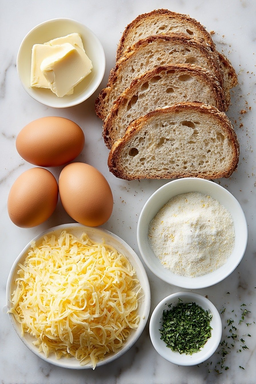 Flat lay of two whole uncracked brown eggs, a small white ceramic bowl with softened butter, a small white ceramic bowl holding garlic powder, a small white ceramic bowl with dried parsley, four fresh slices of rustic white bread arranged symmetrically, and a simple pile of shredded mozzarella and cheddar cheese blend placed neatly on a white ceramic plate, all placed on a clean white marble surface, soft natural light, photo taken with an iPhone, professional food photography style, fresh ingredients, white ceramic bowls, no bottles, no duplicates, no utensils, no packaging --ar 2:3 --v 7 --p m7354639359234015250 — Garlic Bread Grilled Cheese Sandwich, garlic bread grilled cheese, cheesy garlic bread sandwich, how to make garlic bread grilled cheese, best grilled cheese with garlic