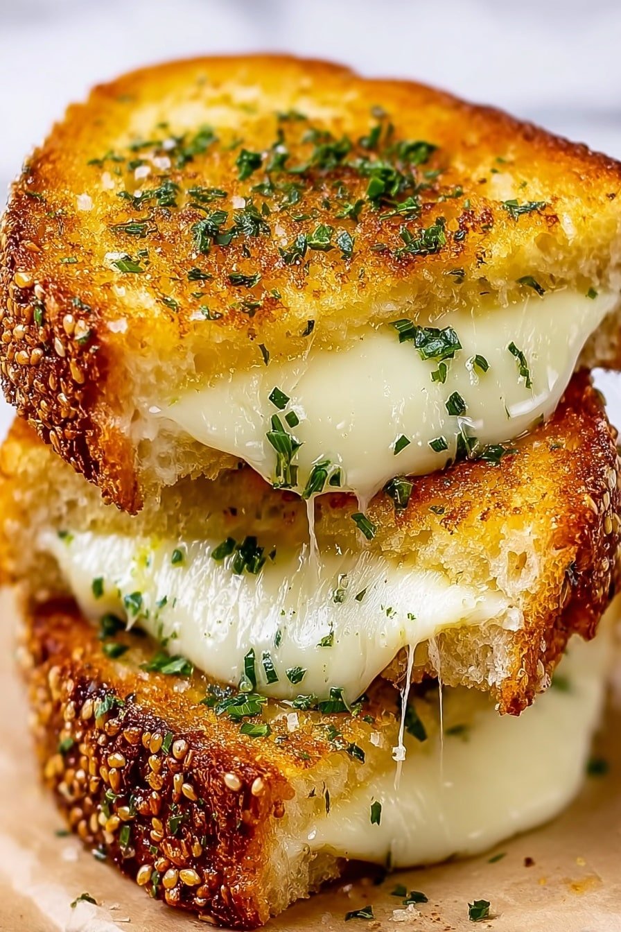 The image shows a close-up of a toasted sandwich cut in half and stacked. The sandwich has two thick slices of golden brown toasted bread with a crispy texture and sprinkled with chopped green herbs on top. Between the bread slices is a thick, gooey layer of melted white cheese stretching slightly at the edges. The bread's surface looks crunchy with a mix of darker and lighter golden tones, and sesame seeds are visible on the crust. The sandwich is placed on a white marbled surface. photo taken with an iphone --ar 2:3 --v 7 — Garlic Bread Grilled Cheese Sandwich, garlic bread grilled cheese, cheesy garlic bread sandwich, how to make garlic bread grilled cheese, best grilled cheese with garlic