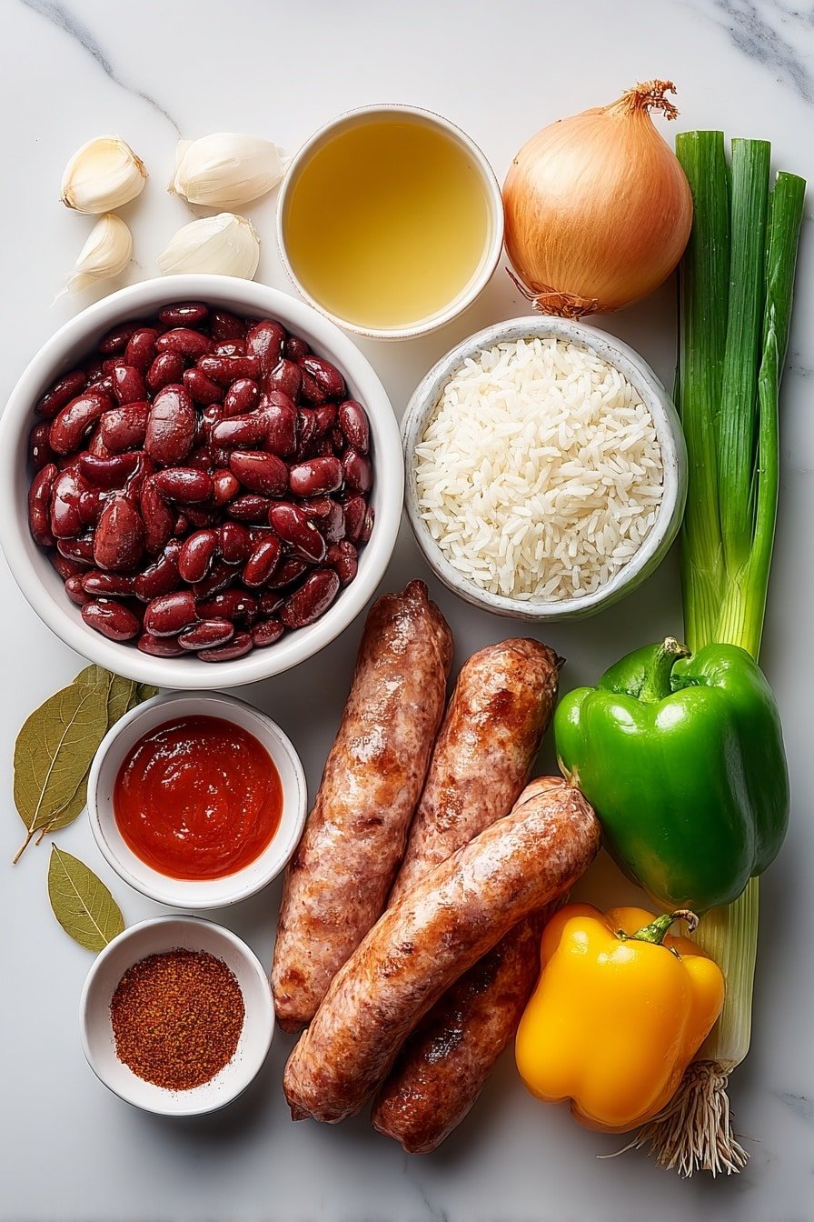 Flat lay of soaked red kidney beans in a simple white ceramic bowl, whole andouille sausage links, two raw turkey wings, one large whole onion with papery skin, three fresh celery stalks with leaves, two whole bell peppers (one red, one green), six peeled garlic cloves, four dried bay leaves arranged neatly, a small white ceramic bowl of chicken stock, a small white ceramic bowl of bright red hot sauce, a small white ceramic bowl of mixed Creole and smoked paprika spices, a pile of uncooked white rice, and a bunch of fresh green onions with roots attached, all arranged symmetrically and balanced, placed on a clean white marble surface, soft natural light, photo taken with an iPhone, professional food photography style, fresh ingredients, white ceramic bowls, no bottles, no duplicates, no utensils, no packaging --ar 2:3 --v 7 --p m7354639359234015250 — Red Beans and Rice with Andouille Sausage, hearty Southern dishes, comforting Cajun recipes, easy Cajun rice and beans, soulful sausage and bean dinner