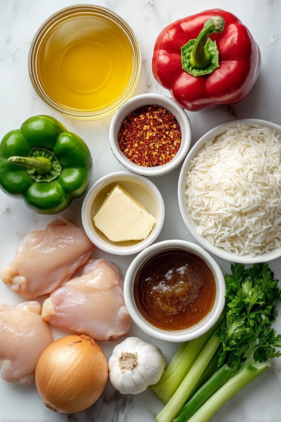 Flat lay of boneless raw chicken thighs with a natural pink hue, a small white bowl of Cajun seasoning with reddish-brown spices, a half cup of unsalted butter in a white ceramic bowl showing its pale yellow creamy texture, a small white bowl of all-purpose flour with fine white powder, a large whole yellow onion with smooth skin, one green bell pepper and one red bell pepper both fresh and glossy, two fresh green celery stalks with leafy ends, four whole garlic cloves unpeeled, a few bright green whole green onions, a small white bowl filled with clear golden chicken broth, a small white bowl containing dark brown browning sauce, a simple mound of fluffy cooked white rice on a white ceramic plate, and a handful of fresh green parsley leaves with small serrated edges, all arranged symmetrically with balanced spacing, placed on a clean white marble surface, soft natural light, photo taken with an iPhone, professional food photography style, fresh ingredients, white ceramic bowls, no bottles, no duplicates, no utensils, no packaging --ar 2:3 --v 7 --p m7354639359234015250 — Savory Chicken Étouffée, Cajun Chicken Étouffée, Chicken Étouffée Recipe, Cajun comfort food, Easy Chicken Étouffée