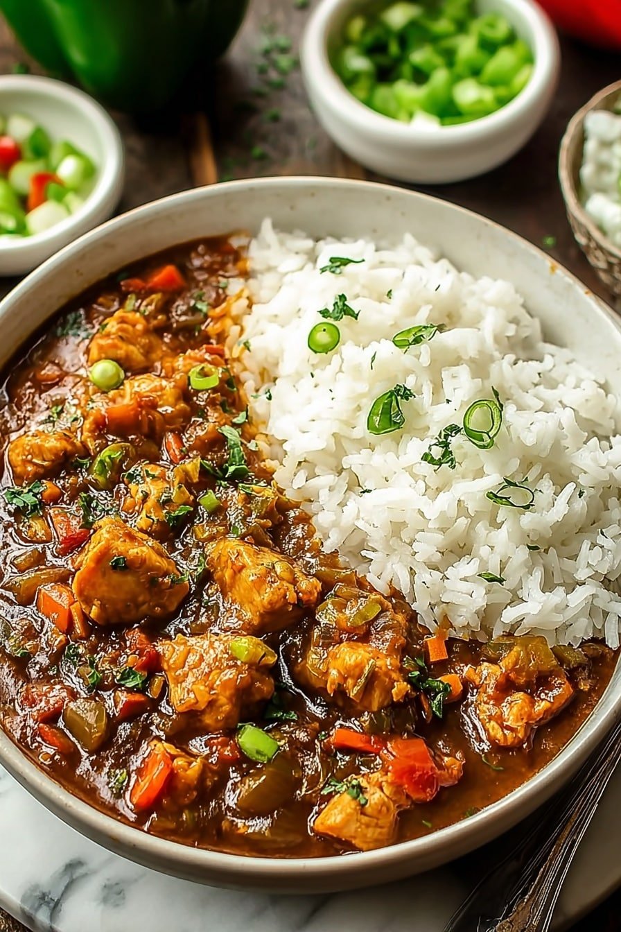 A close-up view of a round black bowl filled half with white rice and half with chicken curry, placed on a brown wooden board. The chicken curry shows several chunks of light brown chicken, green peas, and small pieces of red and translucent onion in a thick orange-brown sauce, sprinkled with green cilantro leaves on top. The white rice is fluffy and neat, garnished with a few cilantro leaves. A wooden spoon is partially visible sticking into the curry. The background is a white marbled texture with blurred kitchen items. Photo taken with an iphone --ar 2:3 --v 7 — Savory Chicken Étouffée, Cajun Chicken Étouffée, Chicken Étouffée Recipe, Cajun comfort food, Easy Chicken Étouffée