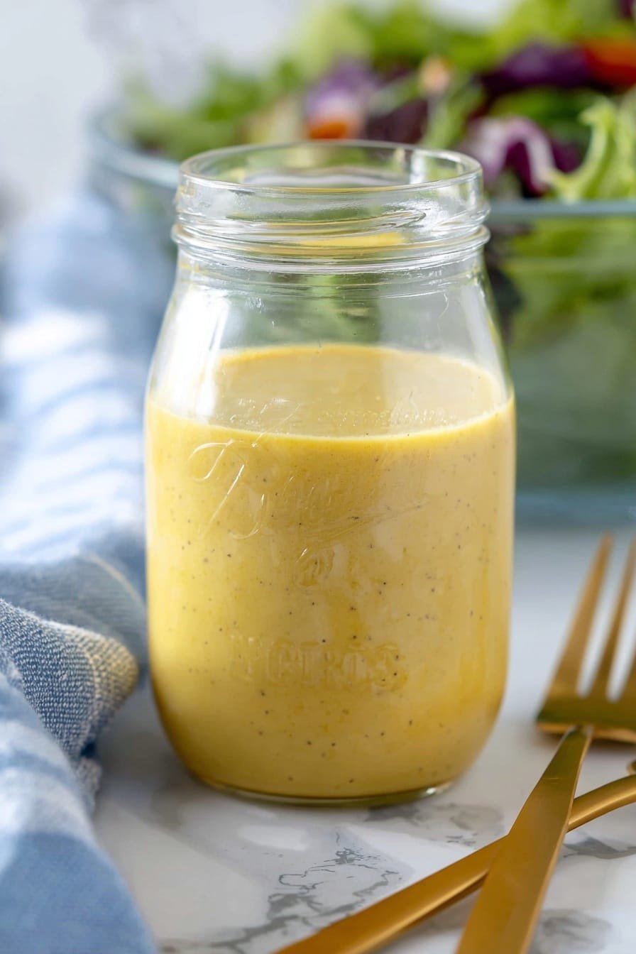 A close-up view of a glass jar filled with smooth yellow salad dressing that has a slightly creamy texture with tiny black specks throughout. The jar is centered on a white marbled surface with a folded blue and white striped napkin on the left side and two gold-colored forks resting on the surface in the foreground. In the blurry background to the right, there is a glass bowl with mixed salad greens, adding hints of green and purple colors softly out of focus. The scene is bright and clean with natural lighting coming from the left side. photo taken with an iphone --ar 2:3 --v 7 — Easy Honey Lime Salad Dressing, Honey Lime Salad Dressing, homemade salad dressing, quick healthy salad dressing, citrus honey vinaigrette