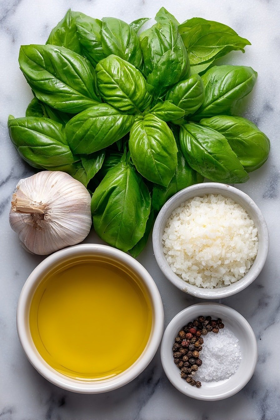 Flat lay of fresh bright green basil leaves loosely piled, one whole uncracked garlic clove, a small white bowl of finely minced pale shallot, a small white bowl with freshly squeezed lemon juice, a small white bowl of clear white balsamic vinegar, a small white bowl of coarse sea salt crystals, a small white bowl filled with rich golden olive oil, and a few twists of freshly ground black peppercorns arranged with perfect symmetry, all placed on a clean white marble surface, soft natural light, photo taken with an iPhone, professional food photography style, fresh ingredients, white ceramic bowls, no bottles, no duplicates, no utensils, no packaging --ar 2:3 --v 7 --p m7354639359234015250 — Basil Vinaigrette, homemade basil vinaigrette, fresh basil dressing, lemon garlic vinaigrette, easy salad dressing
