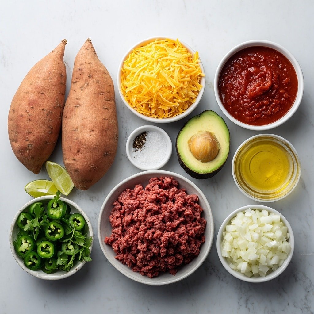 Taco Stuffed Sweet Potatoes Recipe - Ingredients Image — Taco Stuffed Sweet Potatoes, baked sweet potato dinner, healthy stuffed sweet potatoes, easy dinner recipes, flavorful taco stuffed sweet potatoes