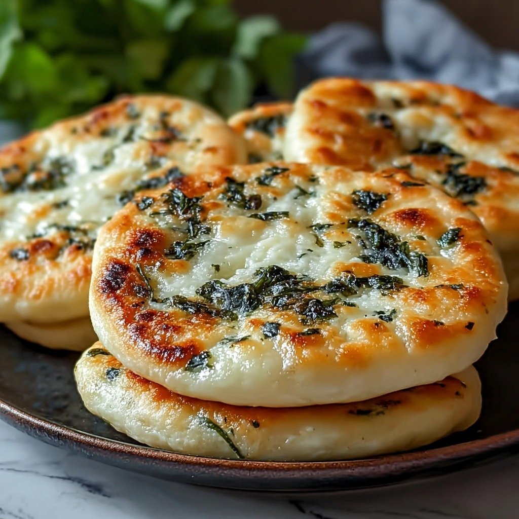 Four round baked breads are stacked on a white plate with a thin dark border. Each bread has a golden brown top with melted white cheese that looks soft and creamy. Dark green chopped herbs are spread evenly on the cheese layer, giving a fresh look. The breads are thick and fluffy, with a shiny baked crust visible around the sides. The plate is placed on a white marbled surface with some green leafy vegetables blurred in the background. photo taken with an iphone --ar 1:1 --v 7 — Spinach Cottage Cheese Flagels, spinach cottage cheese bread, savory flagels with spinach and cottage cheese, homemade spinach cheese flagels, quick healthy bread recipes