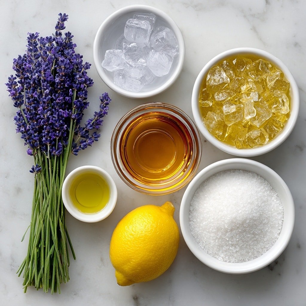 Flat lay of fresh whole lemon with bright yellow skin, a small white bowl of pale purple lavender simple syrup, a few sprigs of fresh lavender with small purple flowers, a small white bowl of clear vodka liquid, a small white bowl of clear triple sec liquid, a small white bowl of granulated white sugar, a small white bowl filled with transparent ice cubes placed symmetrically on a simple white ceramic surface, all ingredients arranged in perfect balance and symmetry placed on a clean white marble surface, soft natural light, photo taken with an iPhone, professional food photography style, fresh ingredients, white ceramic bowls, no bottles, no duplicates, no utensils, no packaging --ar 1:1 --v 7 --p m7354639359234015250 — Lavender Lemon Drop Martini, Lavender Lemon Drop Martini cocktail, floral lemon martini recipe, elegant lavender lemon drink, easy lemon lavender cocktail