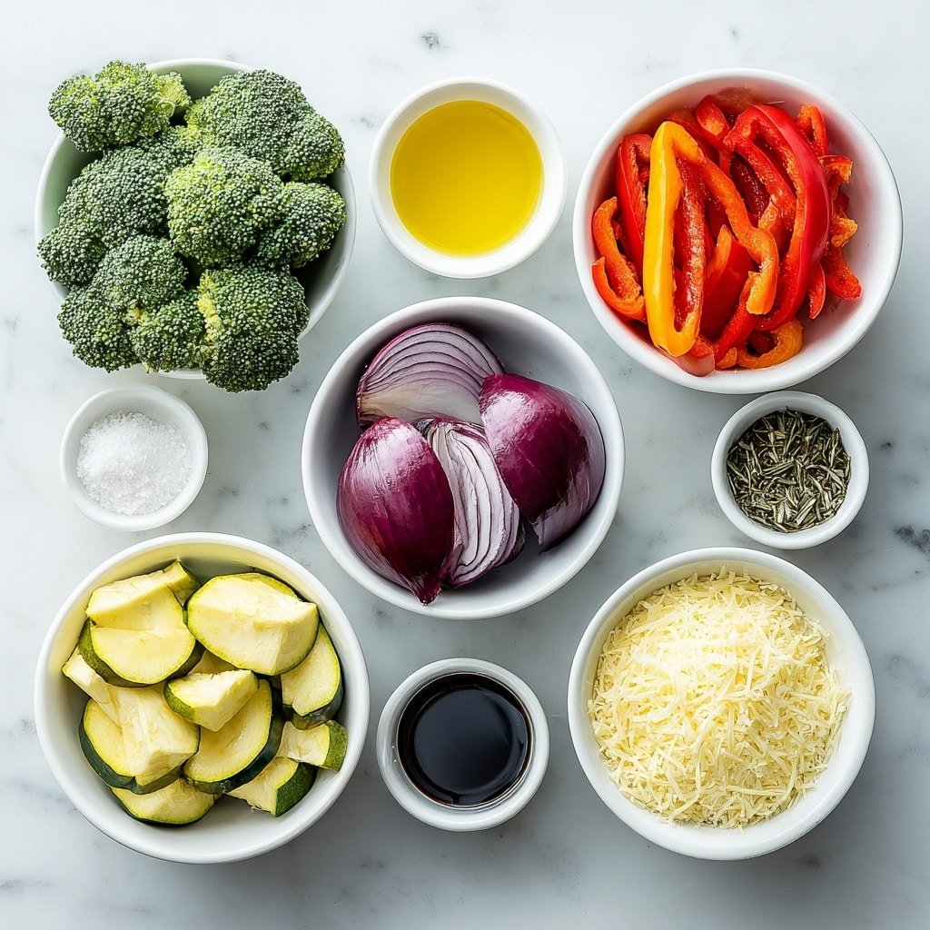 Flat lay of fresh broccoli florets, thinly sliced bright orange carrot rounds, vibrant red bell pepper strips, glossy green zucchini slices, wedges of purple red onion, several whole garlic bulbs with cloves separated, small white ceramic bowl of golden olive oil, small white bowl with dried thyme, small white bowl with dried rosemary, small white bowl filled with coarse salt and black pepper mix, small white bowl holding dark balsamic vinegar, small white bowl heaped with freshly grated Parmesan cheese, all arranged with perfect symmetry on a clean white marble surface, soft natural light, photo taken with an iPhone, professional food photography style, fresh ingredients, white ceramic bowls, no bottles, no duplicates, no utensils, no packaging --ar 1:1 --v 7 --p m7354639359234015250 — Garlic Roasted Vegetables, healthy roasted vegetable recipe, quick vegetable side dish, flavorful roasted veggies, easy vegetable recipes