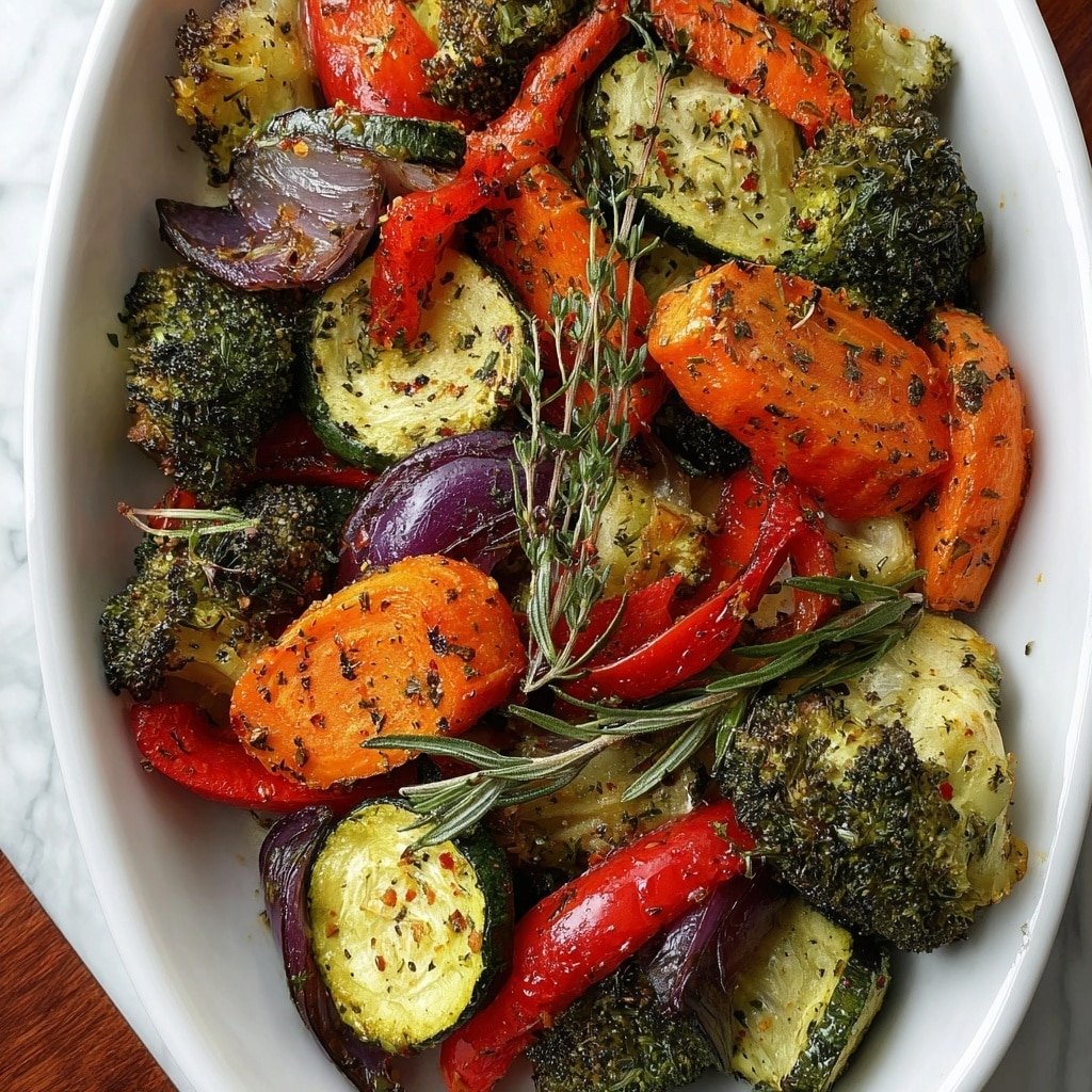 The image shows a white dish filled with colorful roasted vegetables, including bright orange carrot slices, green broccoli florets, green zucchini pieces, red bell pepper strips, and purple onion wedges. The vegetables are mixed together and sprinkled with small green herbs and black pepper flakes, adding texture and seasoning. Some sprigs of fresh rosemary rest on top. The dish’s edges are scalloped, and it sits on a wooden surface. The vegetables appear tender with slight browning, showing they are roasted. photo taken with an iphone --ar 1:1 --v 7 — Garlic Roasted Vegetables, healthy roasted vegetable recipe, quick vegetable side dish, flavorful roasted veggies, easy vegetable recipes