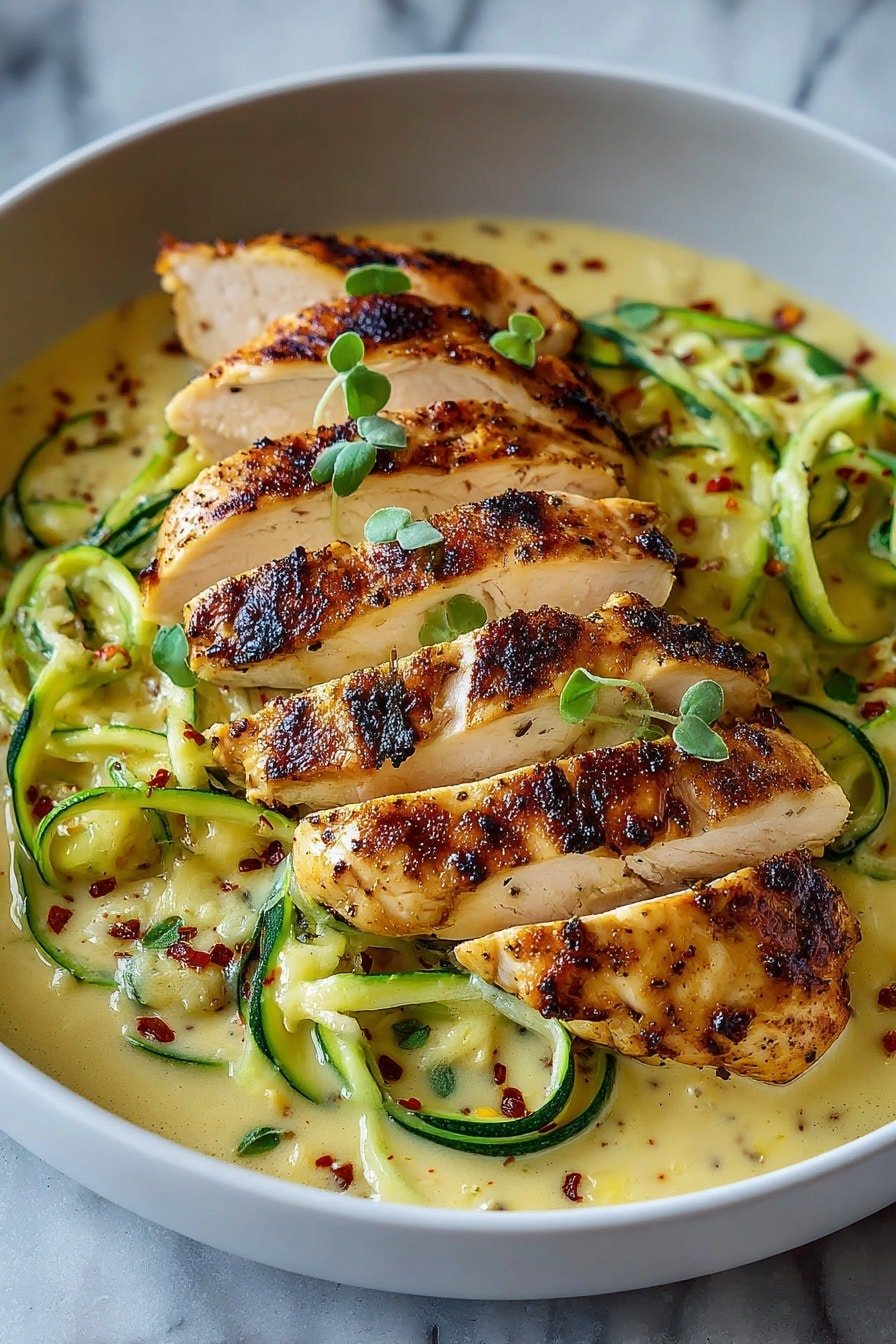 The dish shows five pieces of grilled chicken with a golden-brown char on top, each piece sliced into thick strips and laid neatly in a round white bowl. Underneath the chicken is a creamy, light yellow sauce with visible specks of black pepper and red chili flakes, covering spiral-shaped zucchini noodles in green and pale yellow shades. Small green herb leaves are sprinkled on top, adding a fresh contrast. The bowl is set on a white marbled surface. photo taken with an iphone --ar 2:3 --v 7 — Chicken Alfredo Zucchini Noodles, healthy zucchini noodles with chicken, creamy Alfredo zucchini pasta, light chicken Alfredo recipe, easy zucchini noodle dishes